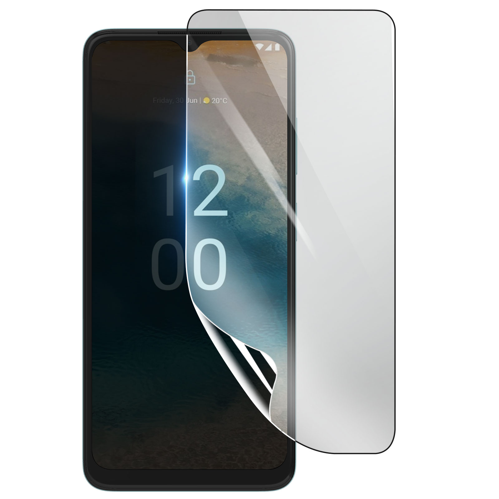Uno smartphone con una protezione per lo schermo applicata. Lo schermo mostra le 12:00. La protezione è parzialmente staccata.