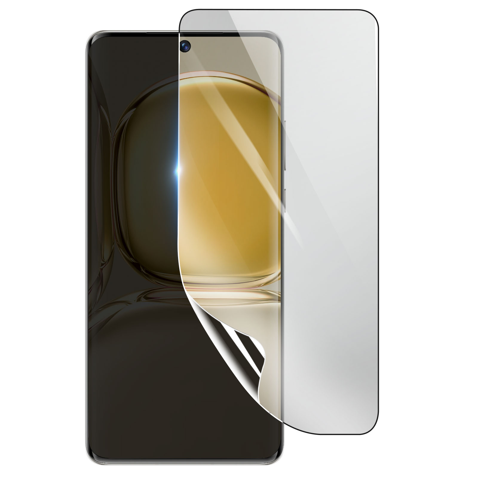 Uno smartphone con una protezione per lo schermo in applicazione. La protezione è parzialmente staccata, rivelando lo schermo.