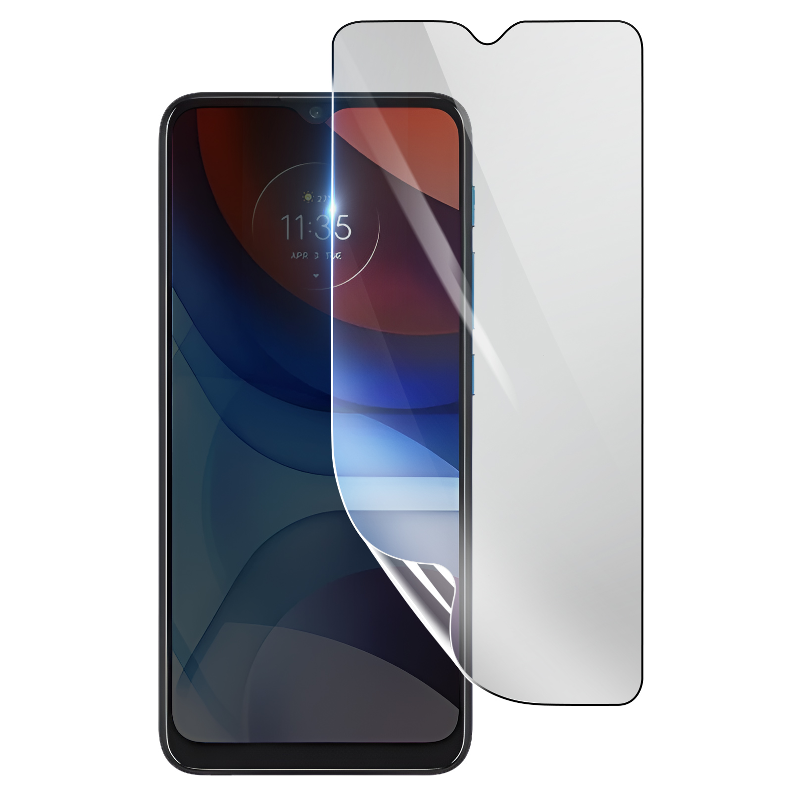 Uno smartphone con una protezione per lo schermo. Il telefono mostra l'ora e la data. La protezione è parzialmente staccata.