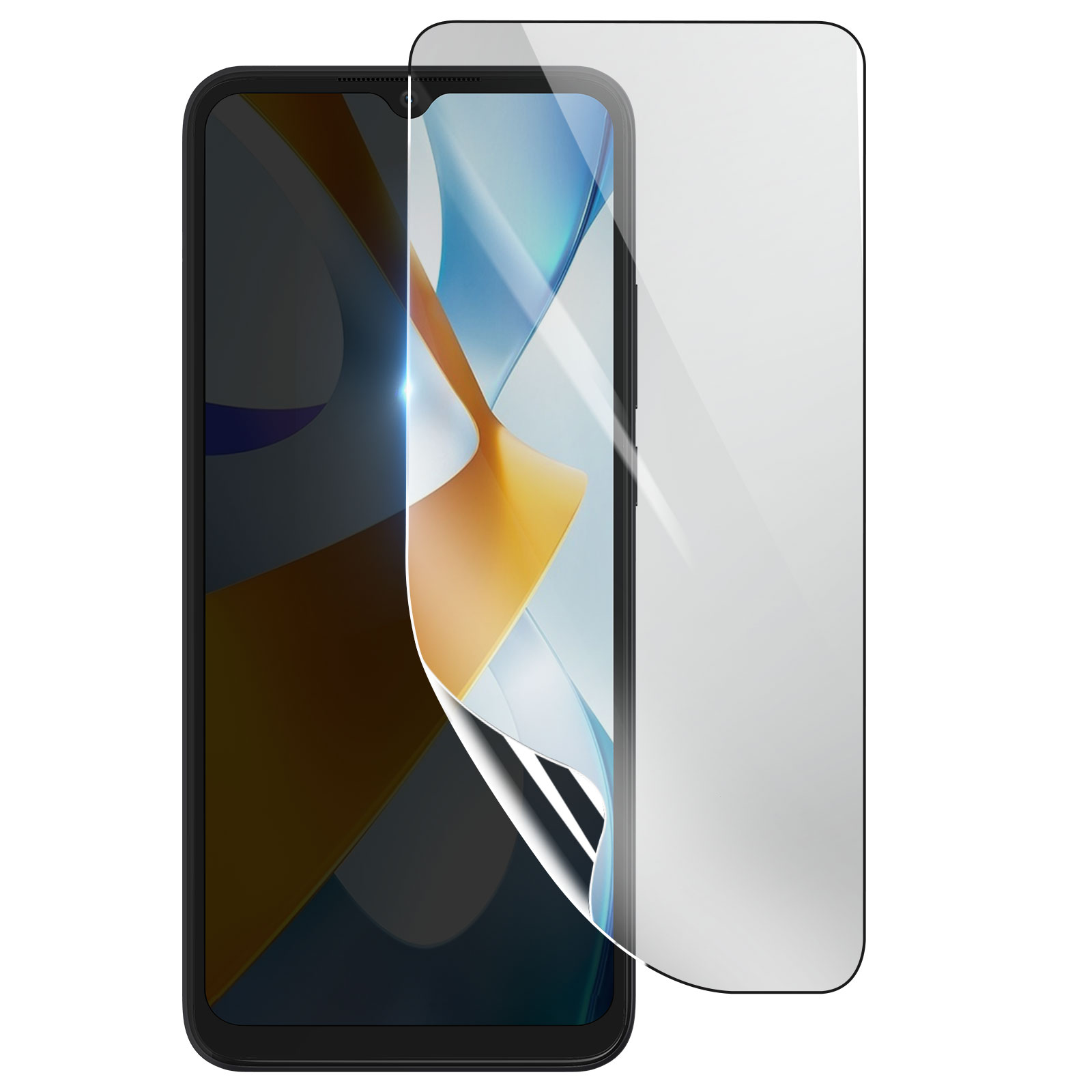 Smartphone con protezione schermo applicata. Lo schermo mostra un design astratto colorato. La protezione è parzialmente staccata.