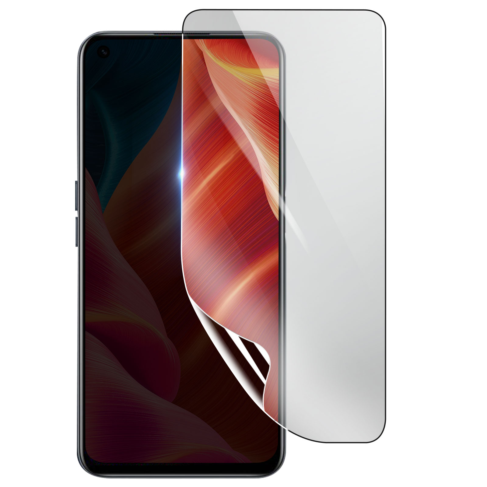 Uno smartphone con protezione schermo. Lo schermo mostra un motivo astratto rosso e arancione. La protezione è trasparente.