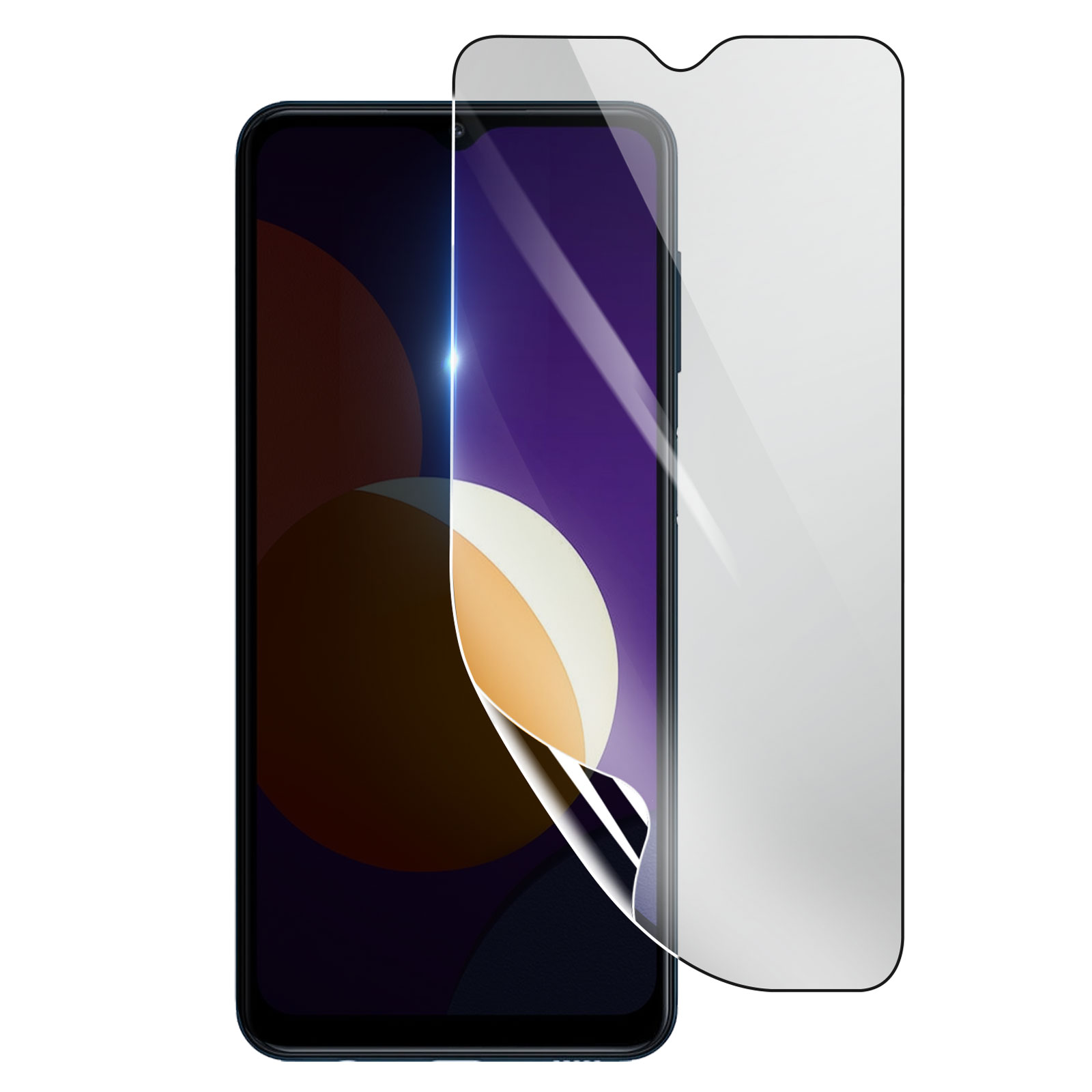 Uno smartphone con una protezione per lo schermo applicata. Lo schermo mostra un'immagine colorata. Sfondo bianco.