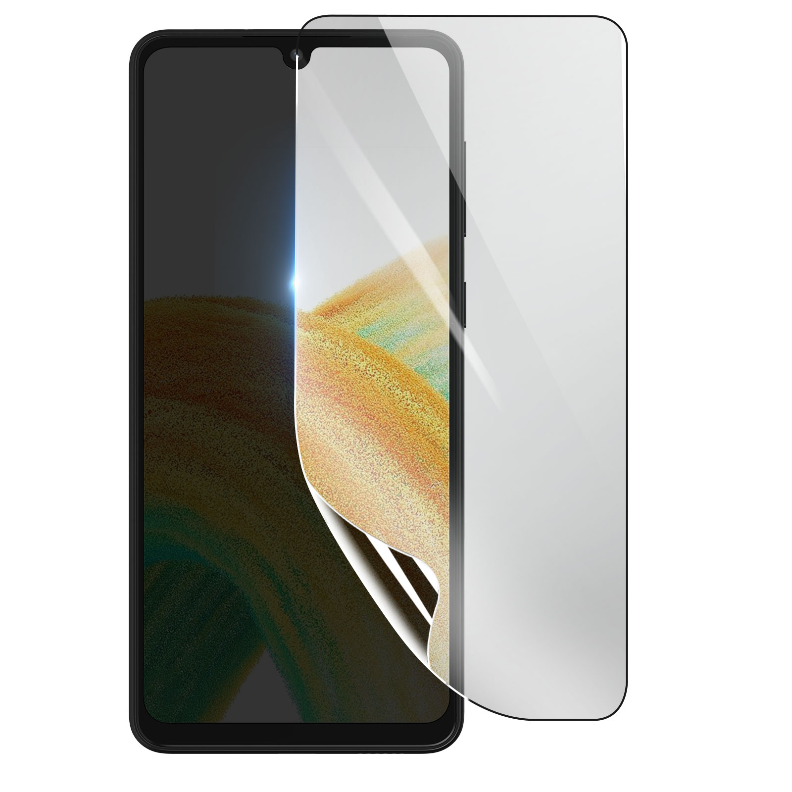 Uno smartphone con una protezione per lo schermo applicata. Il telefono è nero e la protezione trasparente. Lo sfondo è bianco.