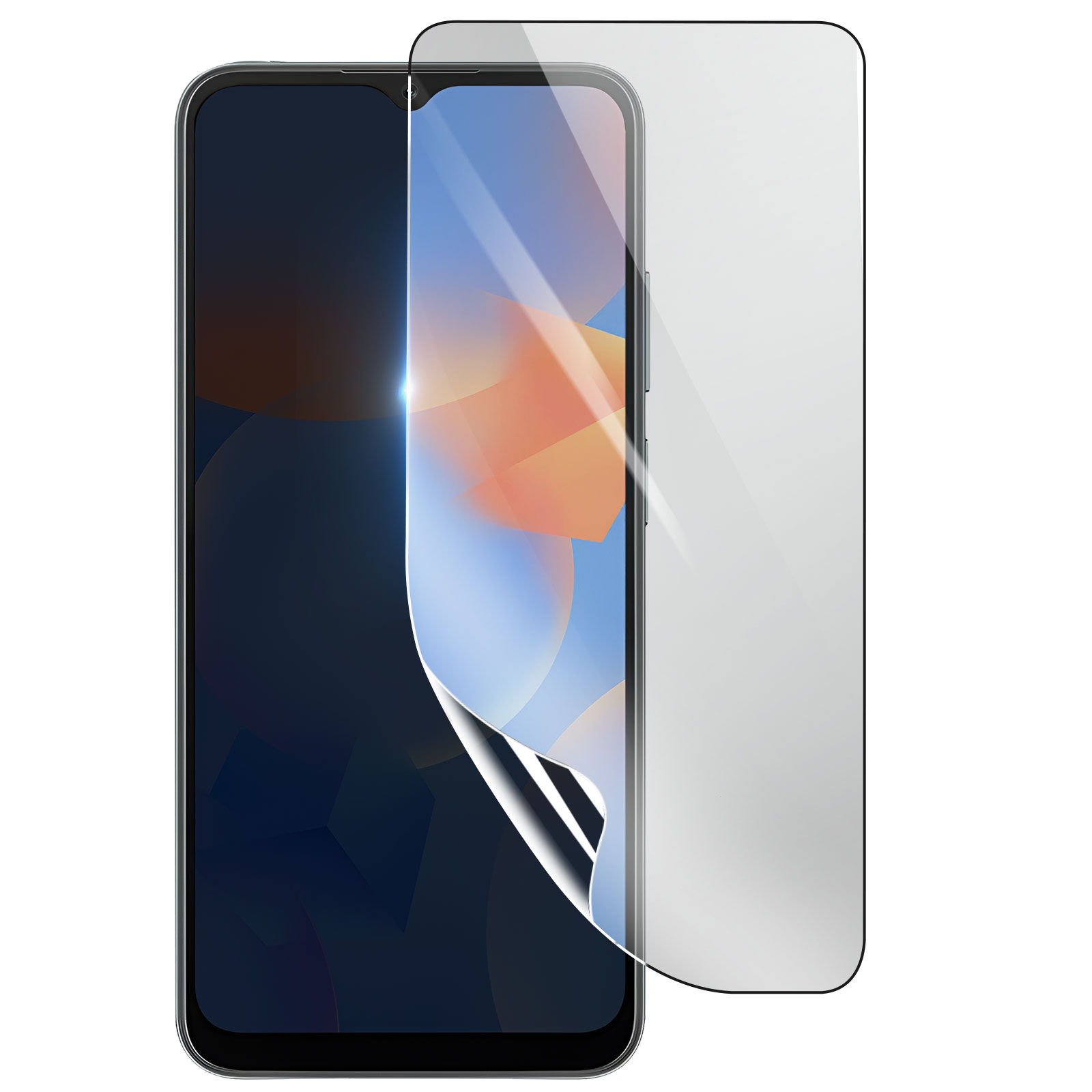 Smartphone con protezione schermo. Il telefono ha uno schermo scuro. La protezione è parzialmente staccata.
