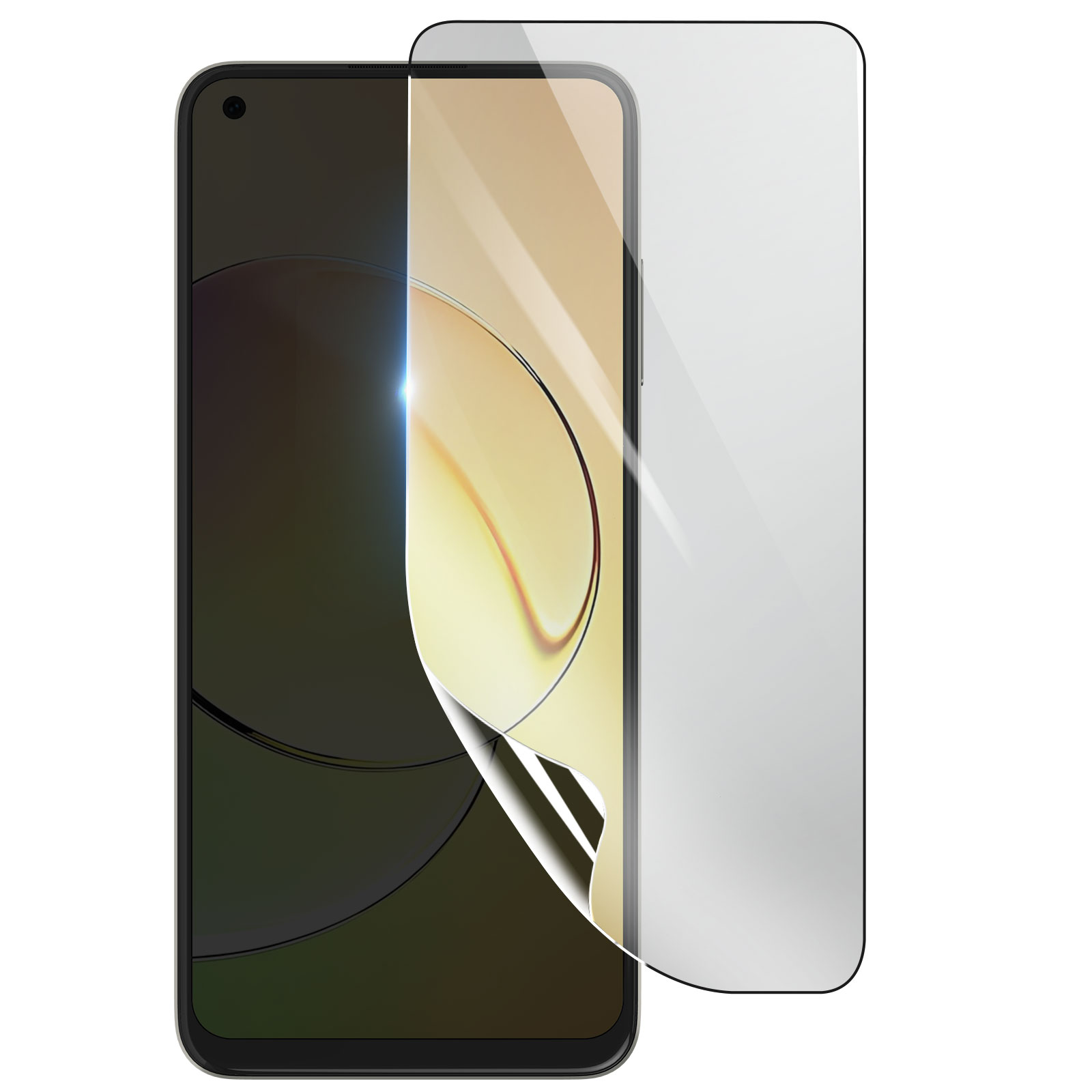 Uno smartphone con una protezione per lo schermo che viene rimossa. La protezione è trasparente e il telefono è nero.