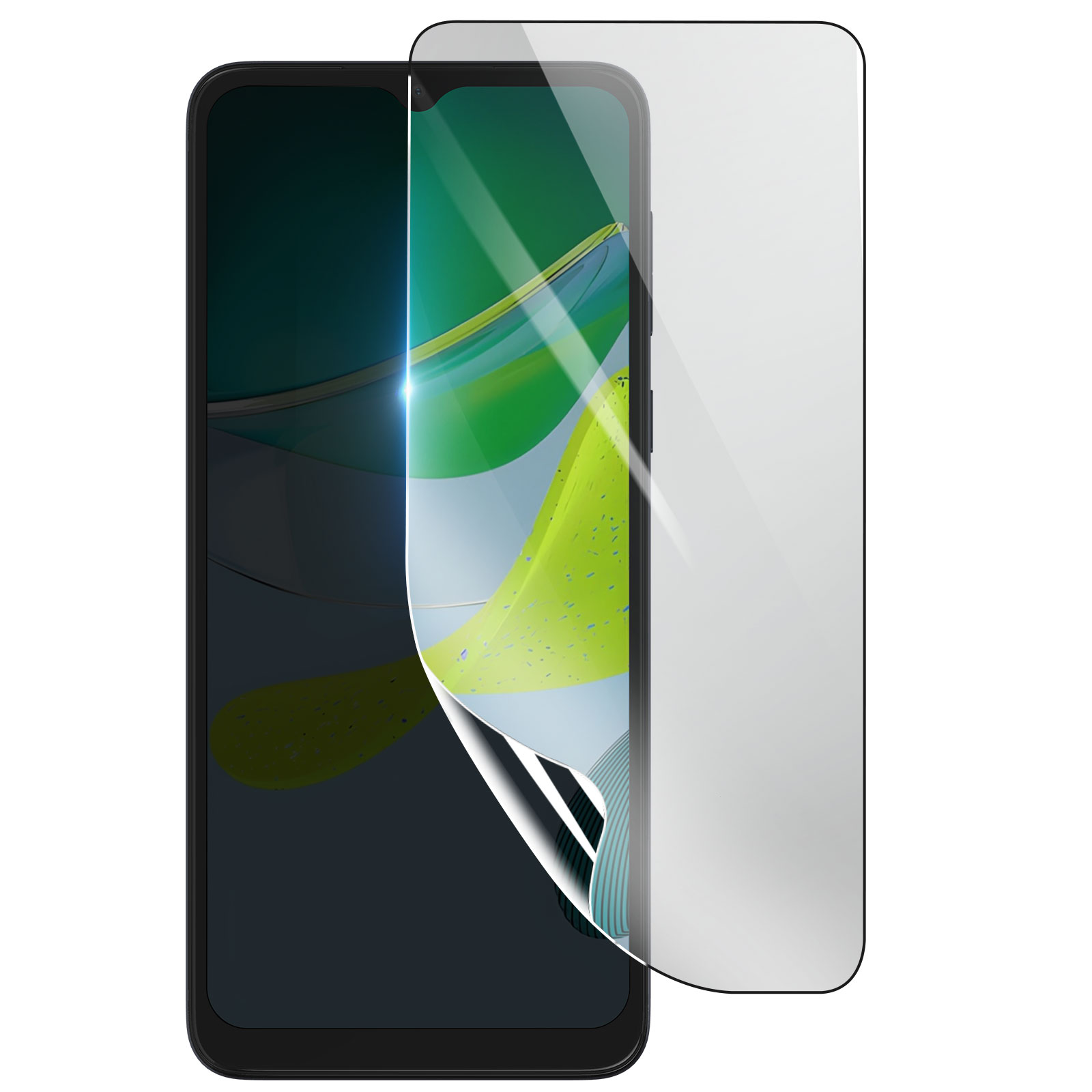 Uno smartphone con una protezione per lo schermo che si stacca. Lo schermo mostra un design verde e giallo su sfondo scuro.