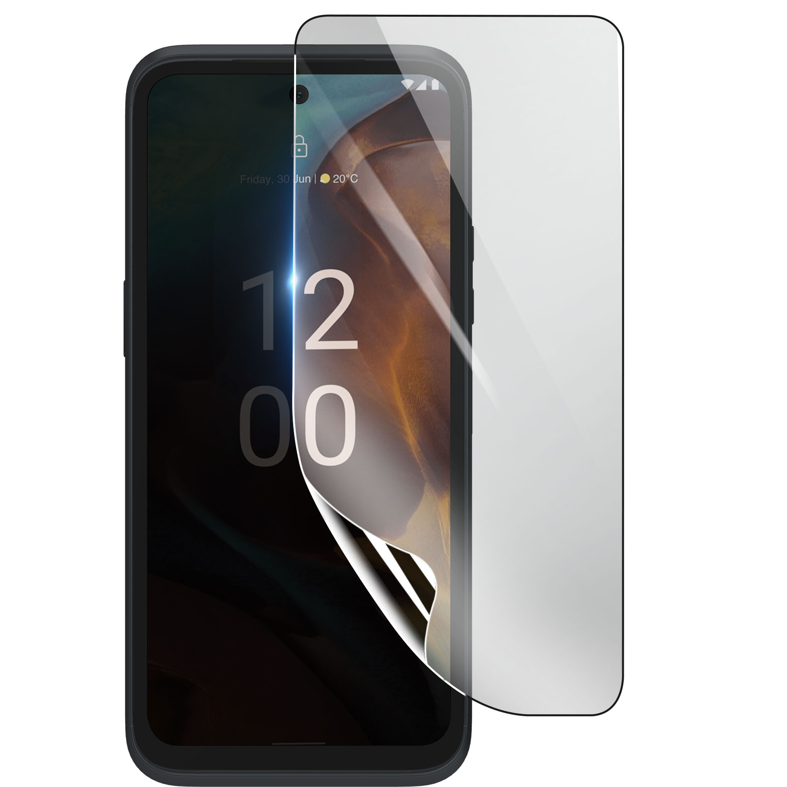 Smartphone con protezione schermo. Il telefono mostra le 12:00. Protezione schermo parzialmente applicata.