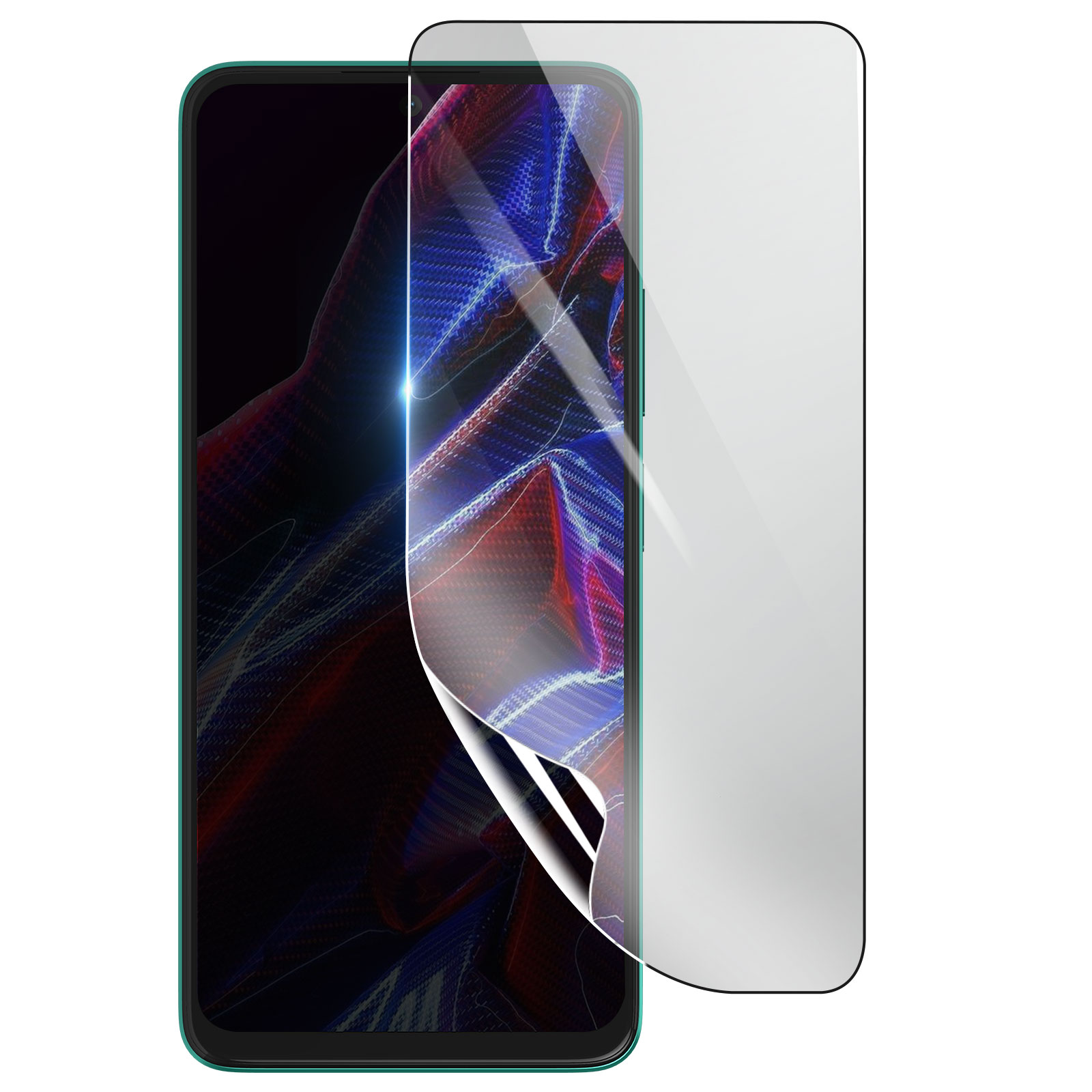Uno smartphone con protezione schermo applicata. Lo schermo mostra un design astratto colorato. Protezione parzialmente rimossa.