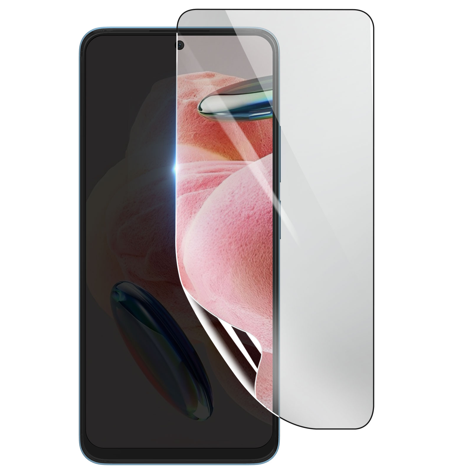Schermo dello smartphone con protezione. Il telefono è nero, la protezione è trasparente. Riflessi rosa e blu sono visibili.