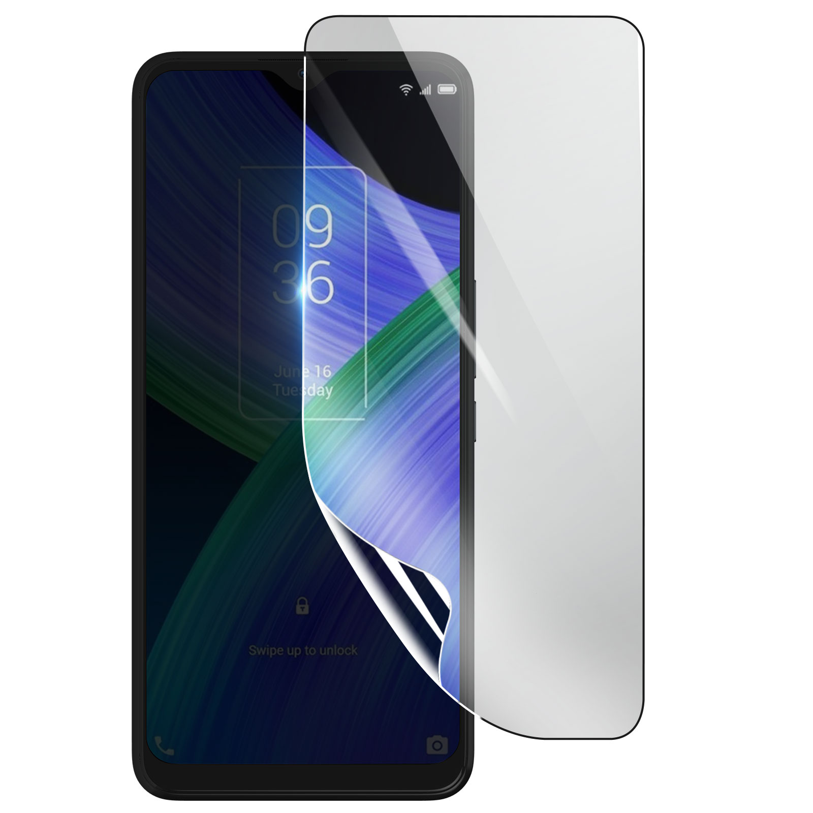 Uno smartphone con una protezione per lo schermo applicata. Lo schermo mostra l'ora e la data. La protezione si sta staccando.
