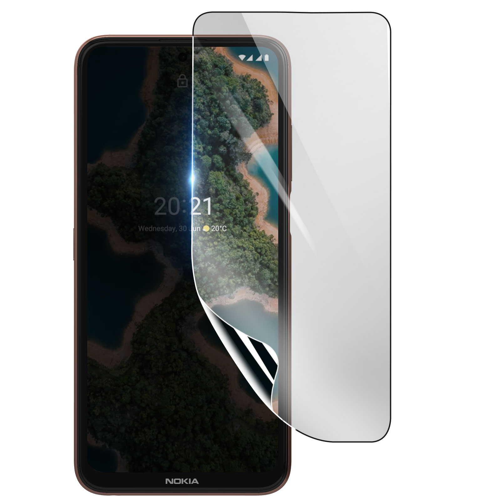 Uno smartphone Nokia con una protezione per lo schermo che viene rimossa. Il telefono mostra un paesaggio, l'ora e la data.