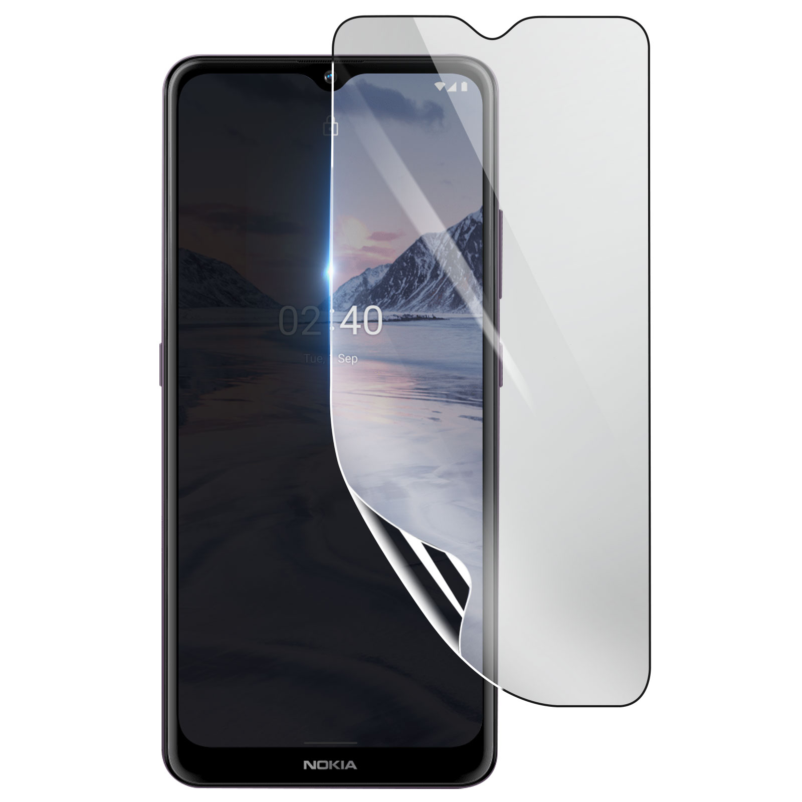 Un telefono Nokia con protezione schermo parzialmente staccata. Lo schermo mostra un paesaggio montano e l'ora.