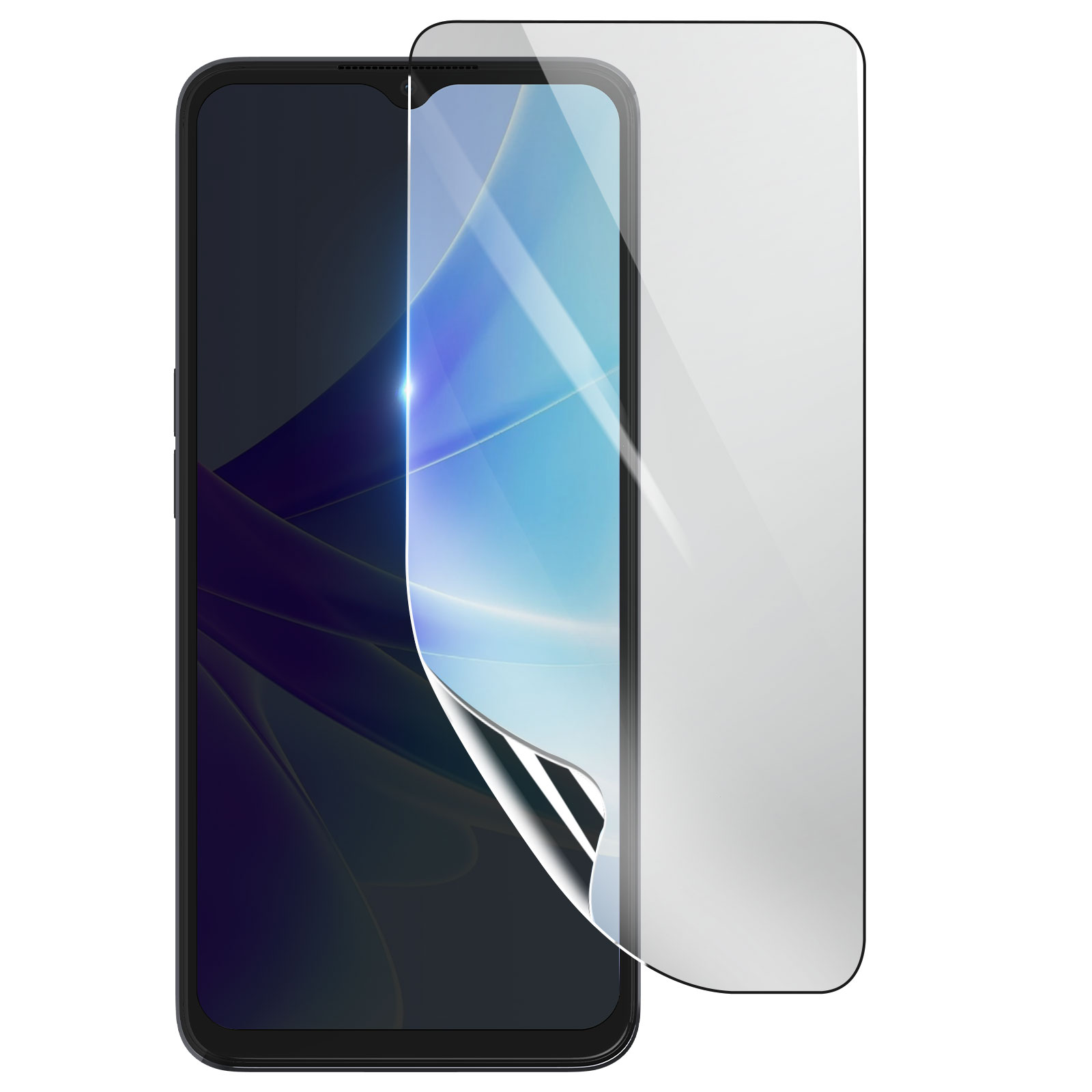 Uno smartphone con una protezione per lo schermo applicata. La protezione si sta staccando, rivelando il design dello schermo.