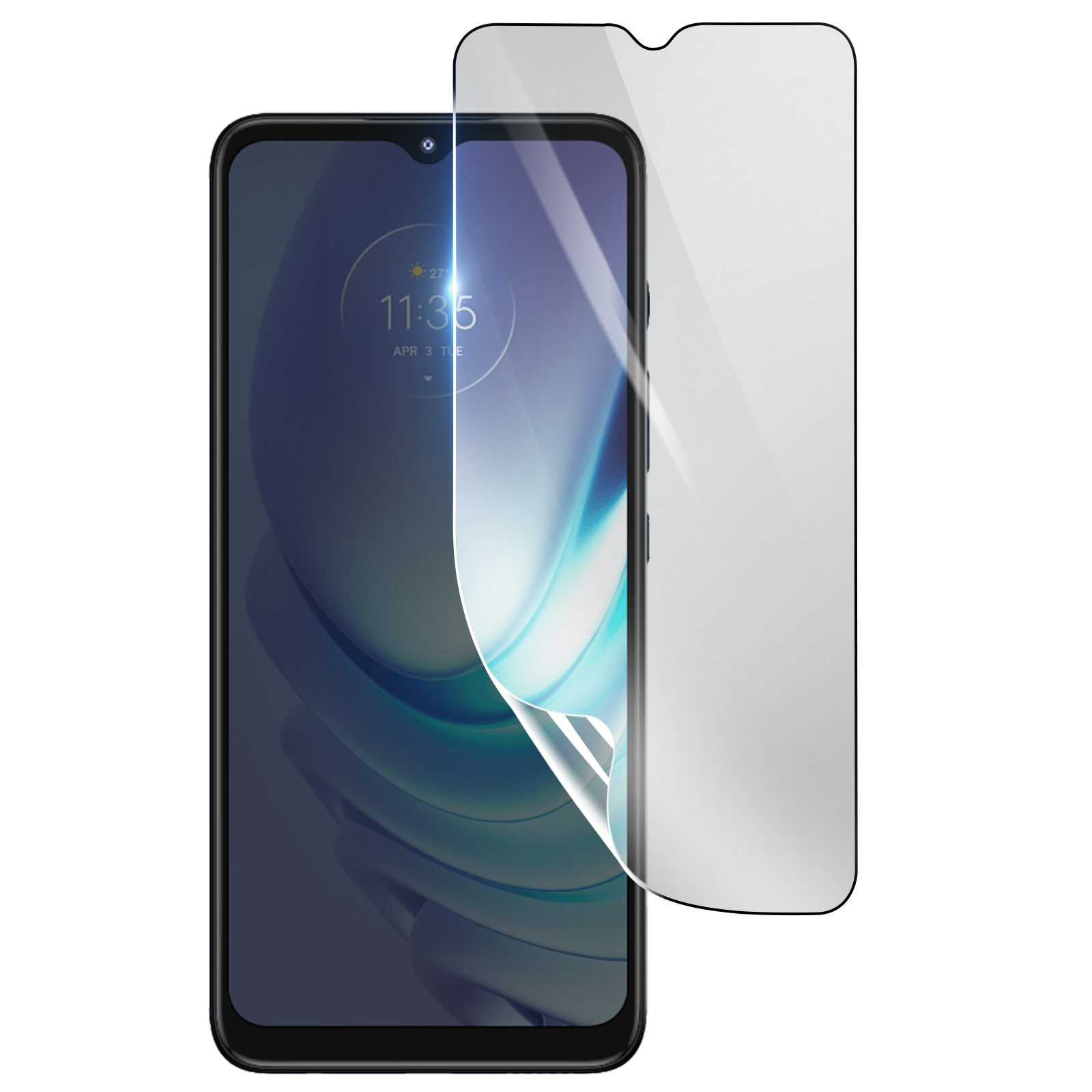 Uno smartphone con una protezione per lo schermo in fase di applicazione. Il telefono mostra l'ora e la data. La protezione è parzialmente staccata.
