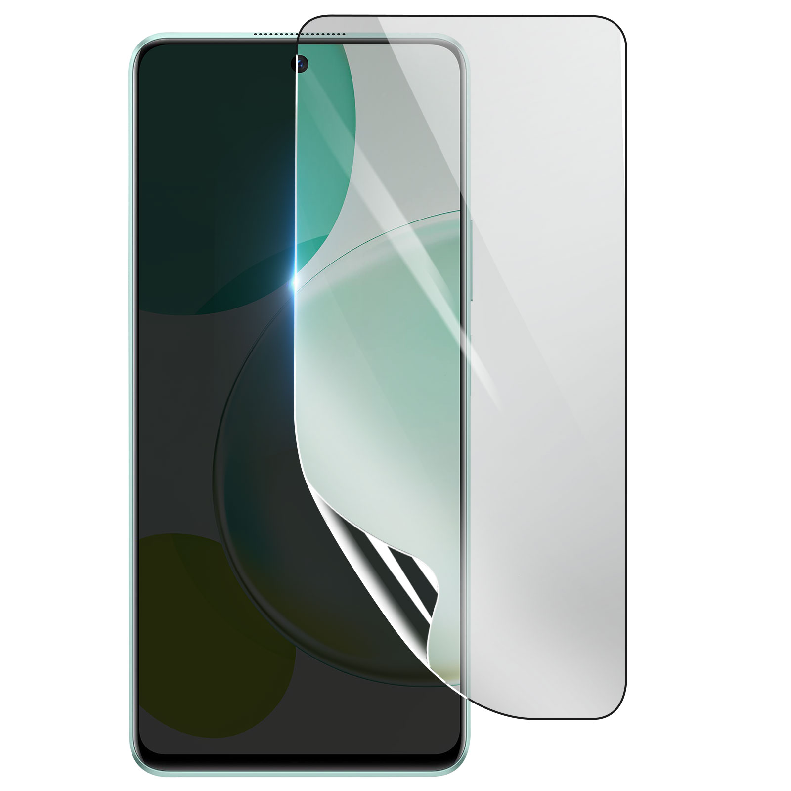 Uno smartphone con una protezione per lo schermo applicata. La protezione è sollevata, rivelando lo schermo del telefono.