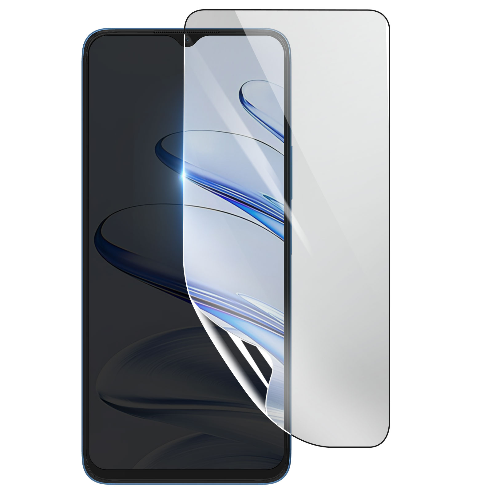 Uno smartphone con una protezione per lo schermo in fase di applicazione. Il telefono è blu e la protezione è trasparente.