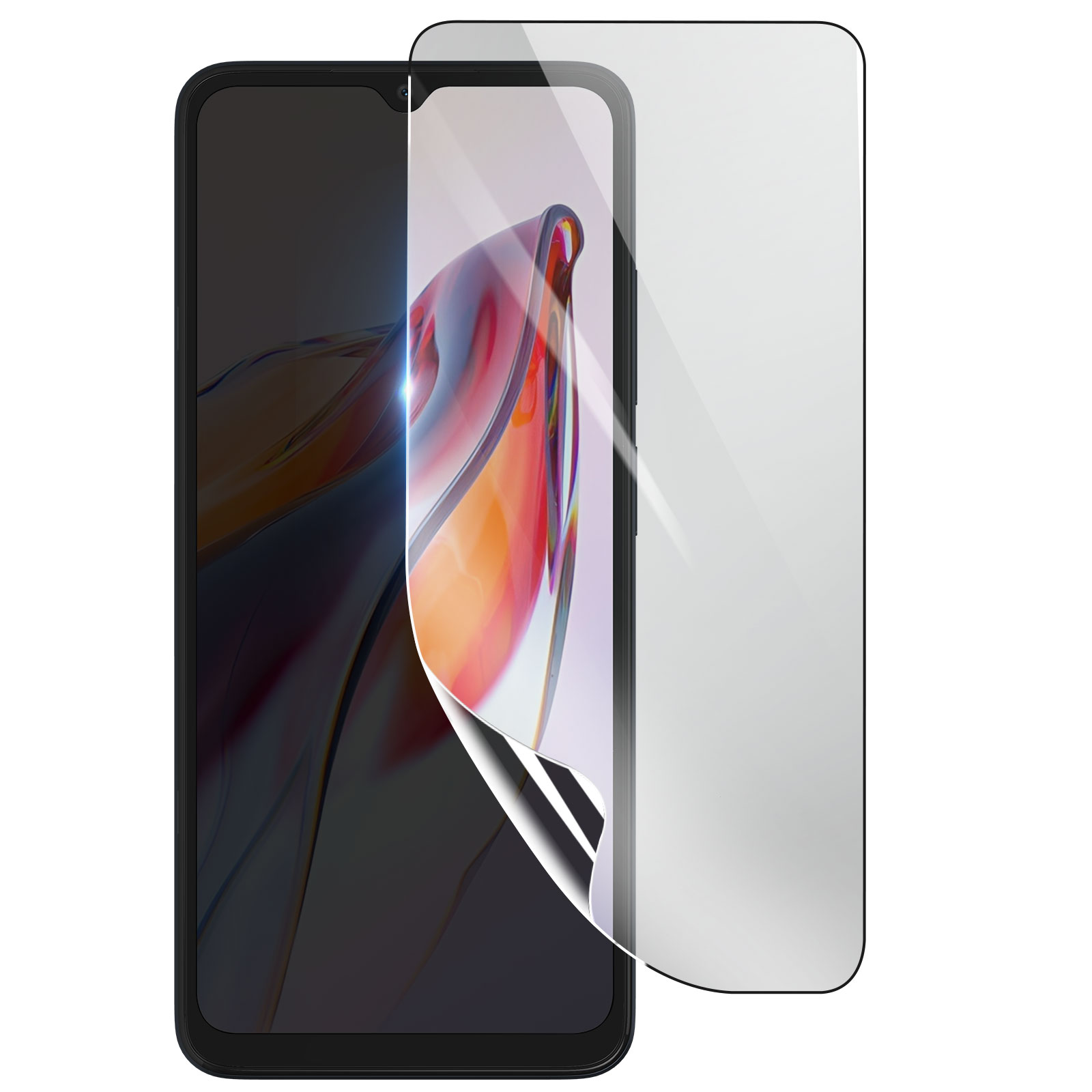 Uno smartphone con una protezione schermo in fase di applicazione. Lo schermo mostra un'immagine colorata. La protezione è parzialmente rimossa.