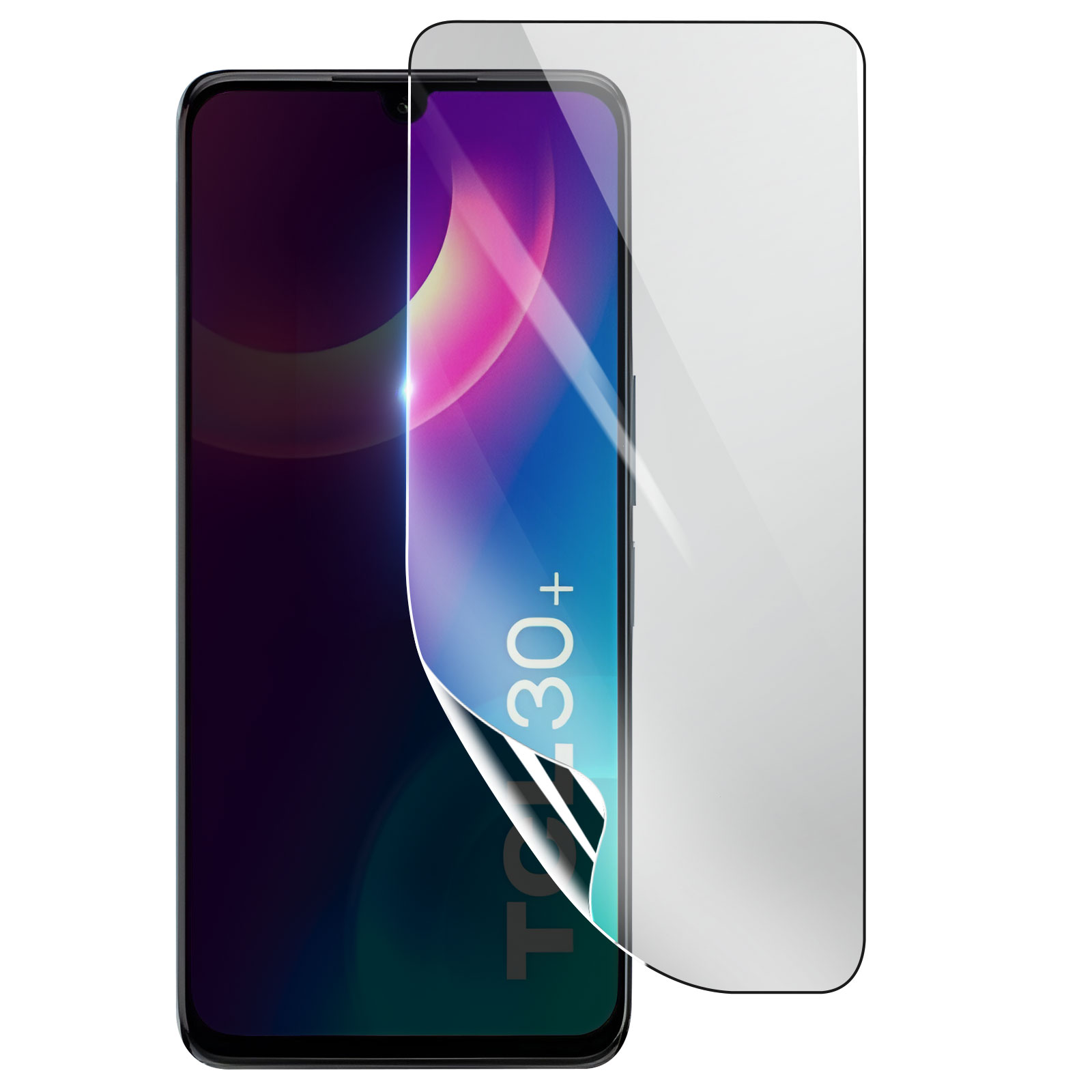 Smartphone con protezione schermo applicata. Lo schermo mostra grafiche astratte colorate. La protezione è parzialmente staccata.