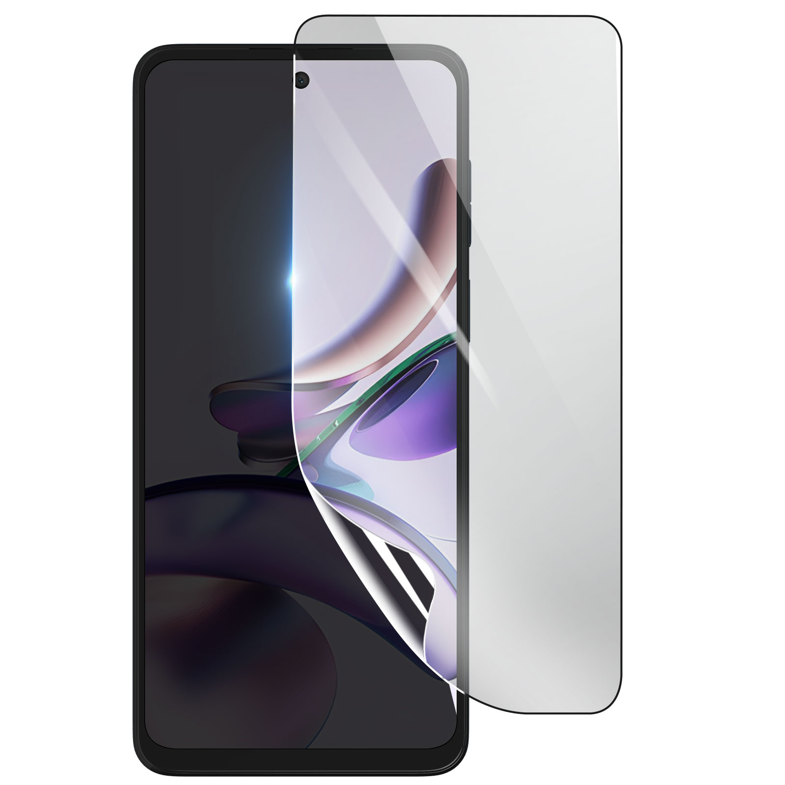 Uno smartphone con una protezione per lo schermo applicata. La protezione è parzialmente staccata, rivelando lo schermo.