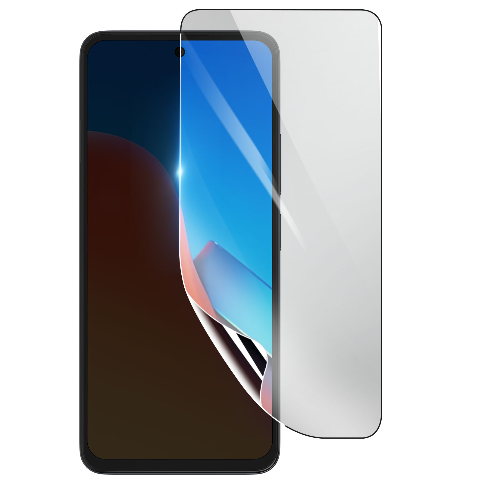 Uno smartphone con una protezione per lo schermo applicata. Lo schermo mostra un'immagine colorata e la protezione è parzialmente staccata.
