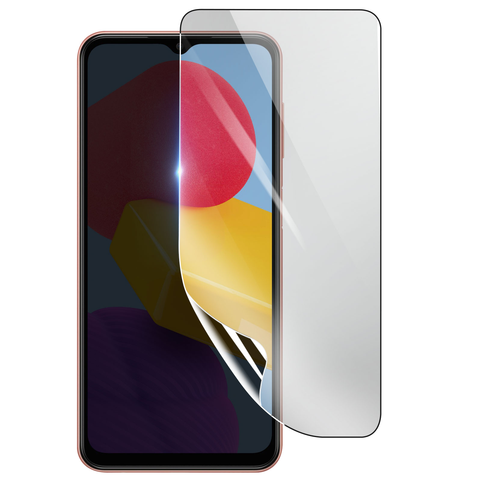 Uno smartphone con una protezione per lo schermo applicata. Lo schermo mostra forme colorate. Una protezione parzialmente rimossa.