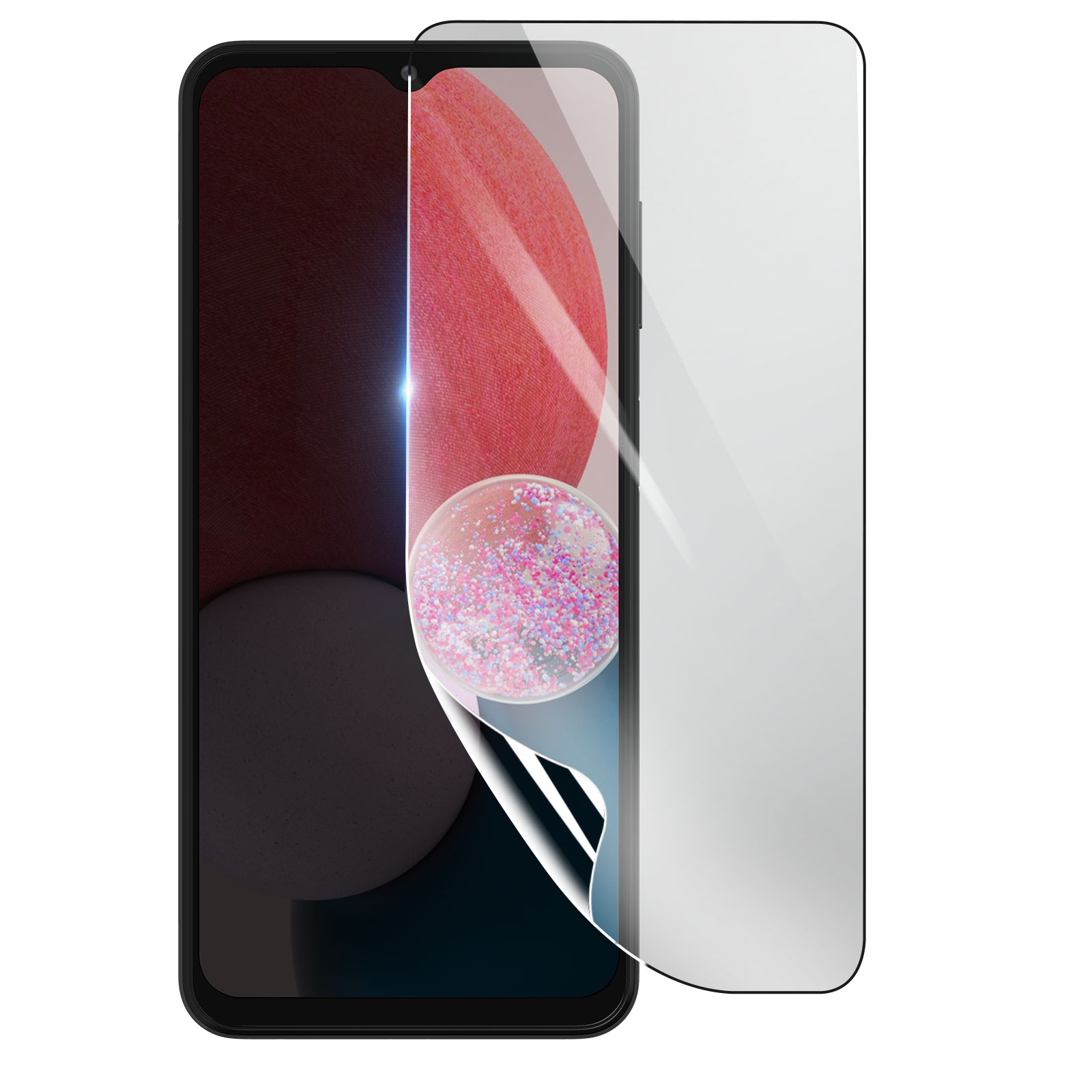 Uno smartphone con una protezione per lo schermo che si stacca. Lo schermo mostra uno sfondo rosso e una bolla con glitter.
