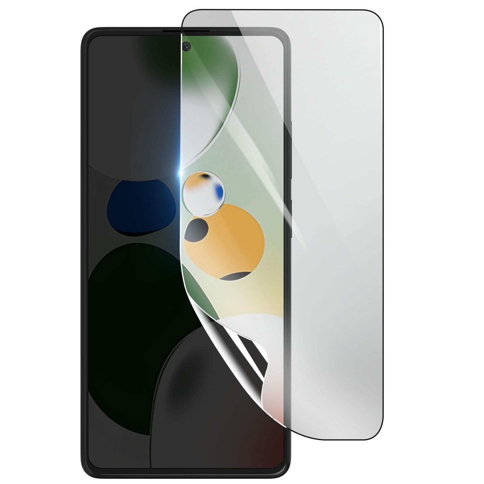 Un telefono con una protezione schermo applicata. Lo schermo mostra forme astratte colorate. La protezione è parzialmente staccata.