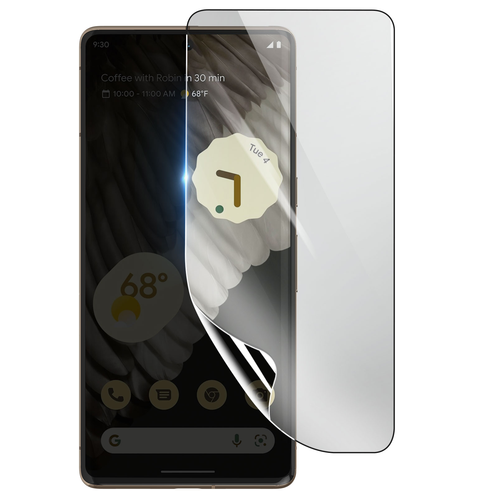 Uno smartphone con una protezione per lo schermo applicata. Lo schermo mostra calendario, informazioni meteo e icone delle app.