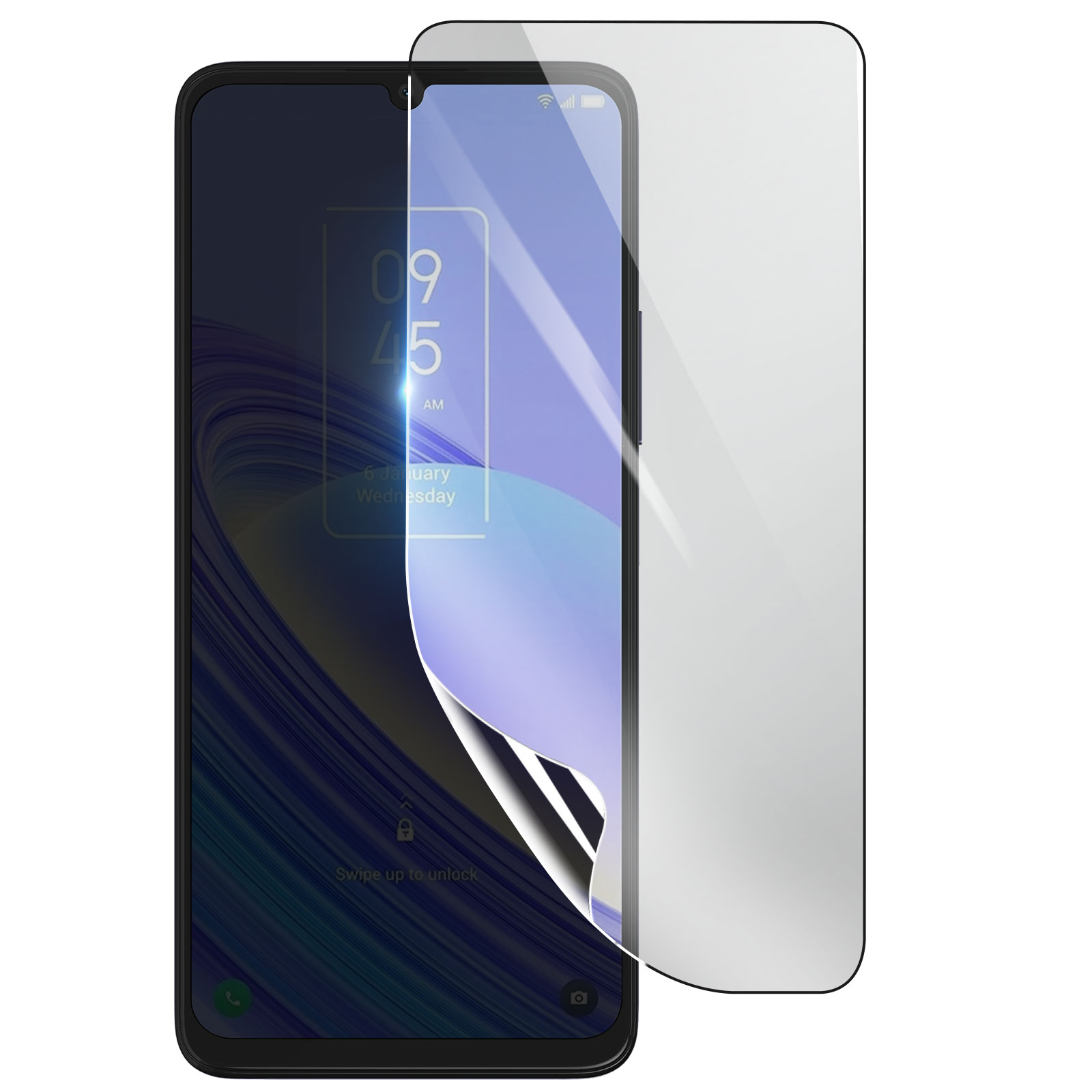 Uno smartphone con una protezione per lo schermo applicata. Lo schermo mostra ora, data e schermata di blocco.