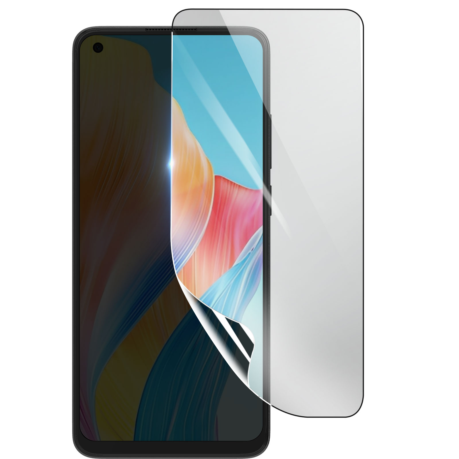 Uno smartphone con una protezione per lo schermo applicata. Lo schermo mostra arte astratta colorata. La protezione è parzialmente staccata.