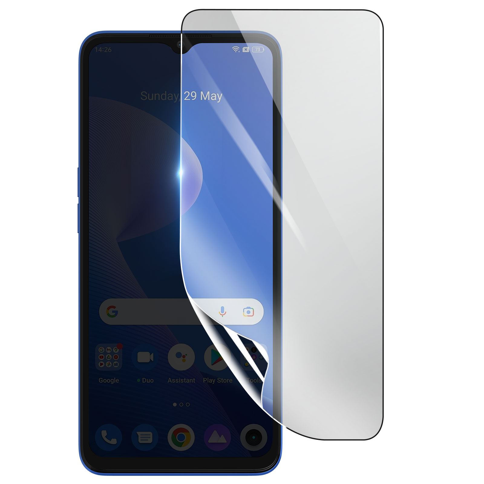 Uno smartphone blu con una protezione per lo schermo applicata. Lo schermo mostra la data. Protezione parzialmente staccata.