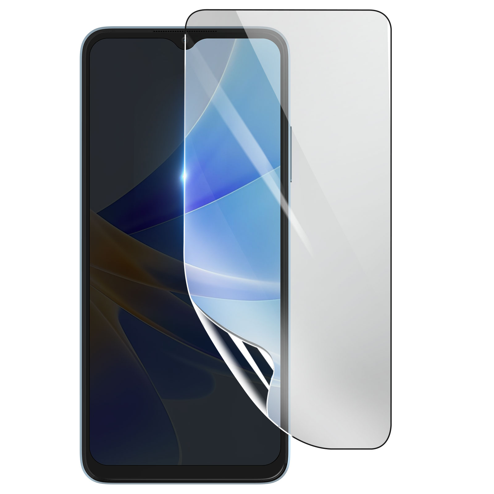 Uno smartphone con una protezione per lo schermo in fase di applicazione. La protezione è parzialmente staccata, rivelando lo schermo sottostante.