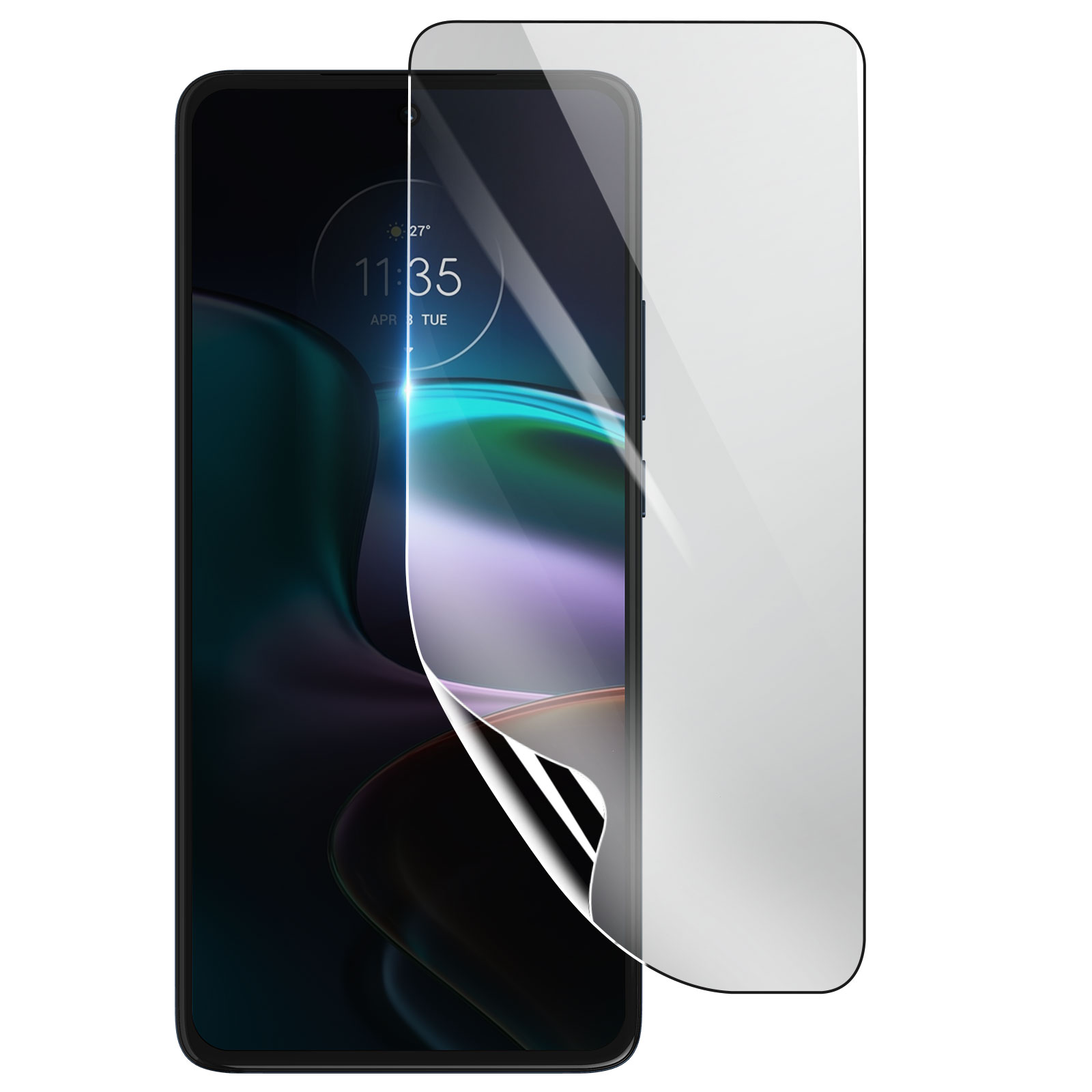 Uno smartphone con una protezione per lo schermo applicata. Il telefono mostra l'ora e la data. La protezione è parzialmente staccata.