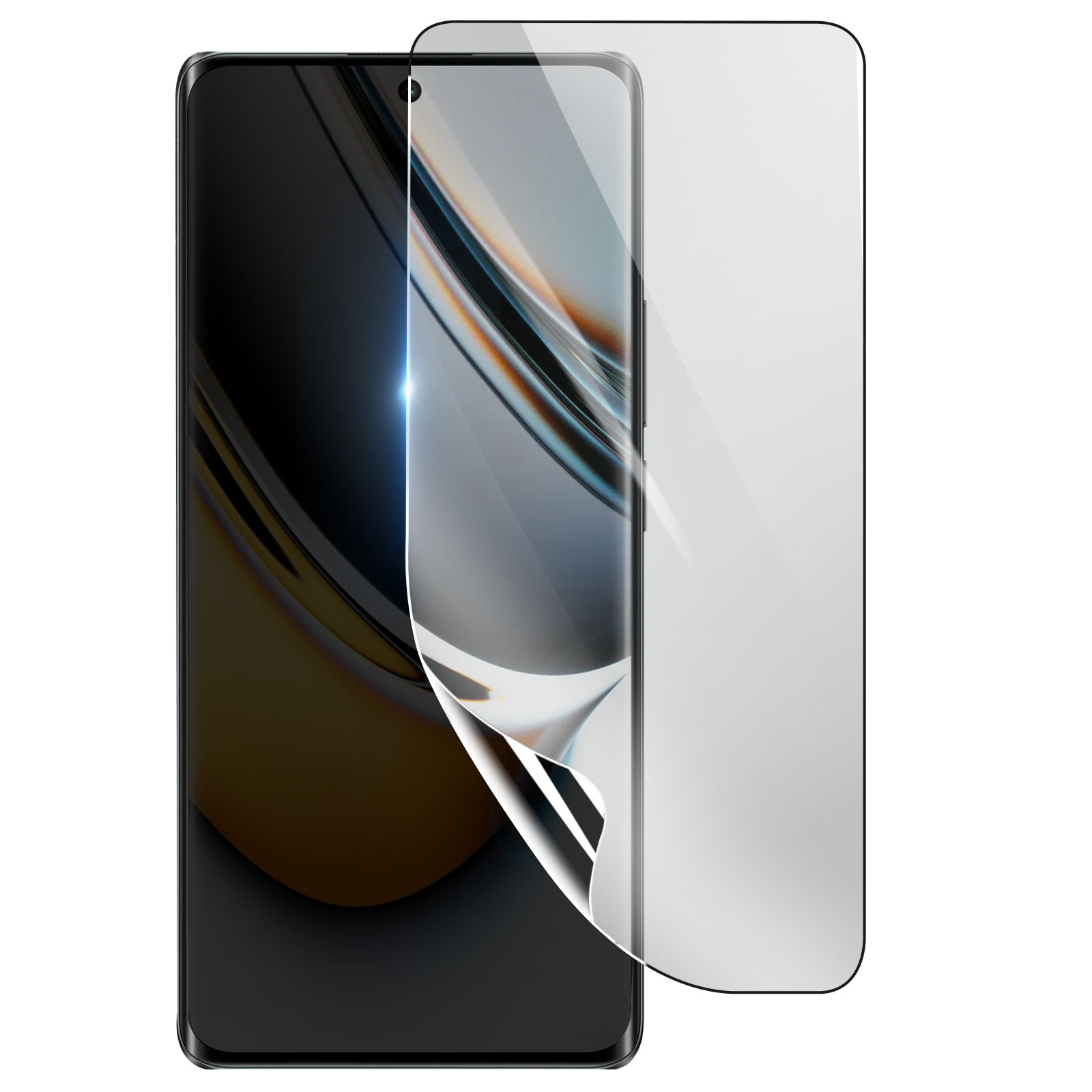 Uno smartphone con una protezione schermo parzialmente staccata. Il telefono è nero, la protezione trasparente.