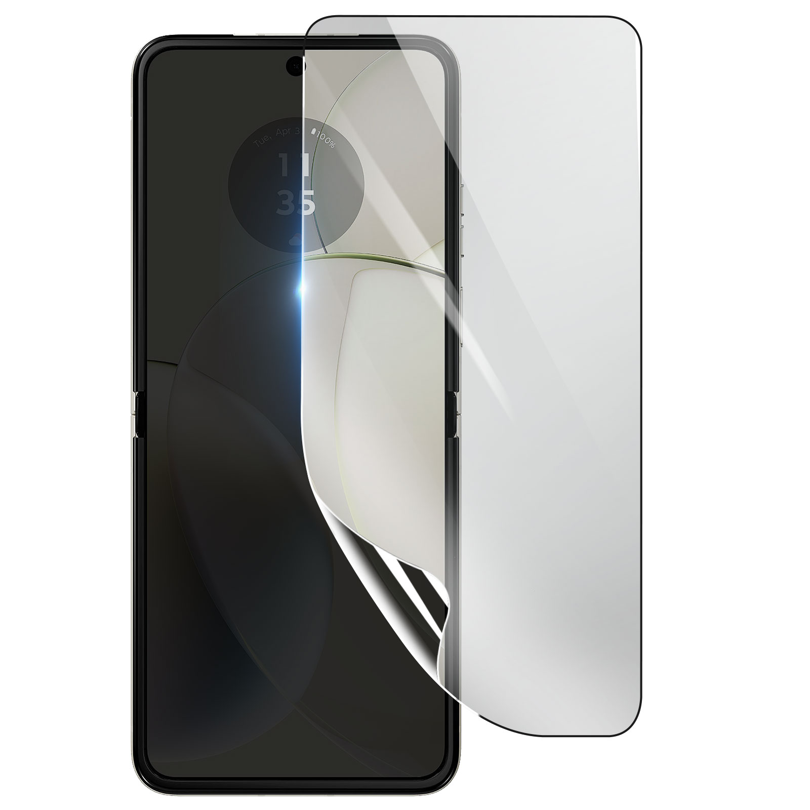 Uno smartphone con una protezione per lo schermo applicata. La protezione è parzialmente staccata, rivelando lo schermo.