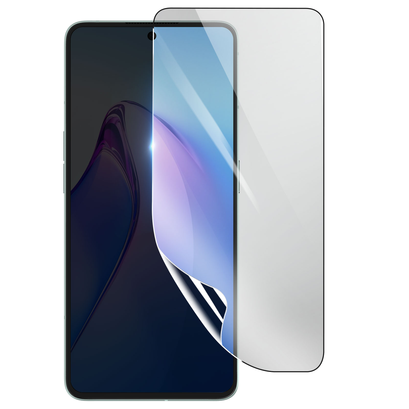 Uno smartphone con una protezione per lo schermo in fase di applicazione. La protezione è parzialmente staccata, rivelando lo schermo del telefono. Sfondo bianco.