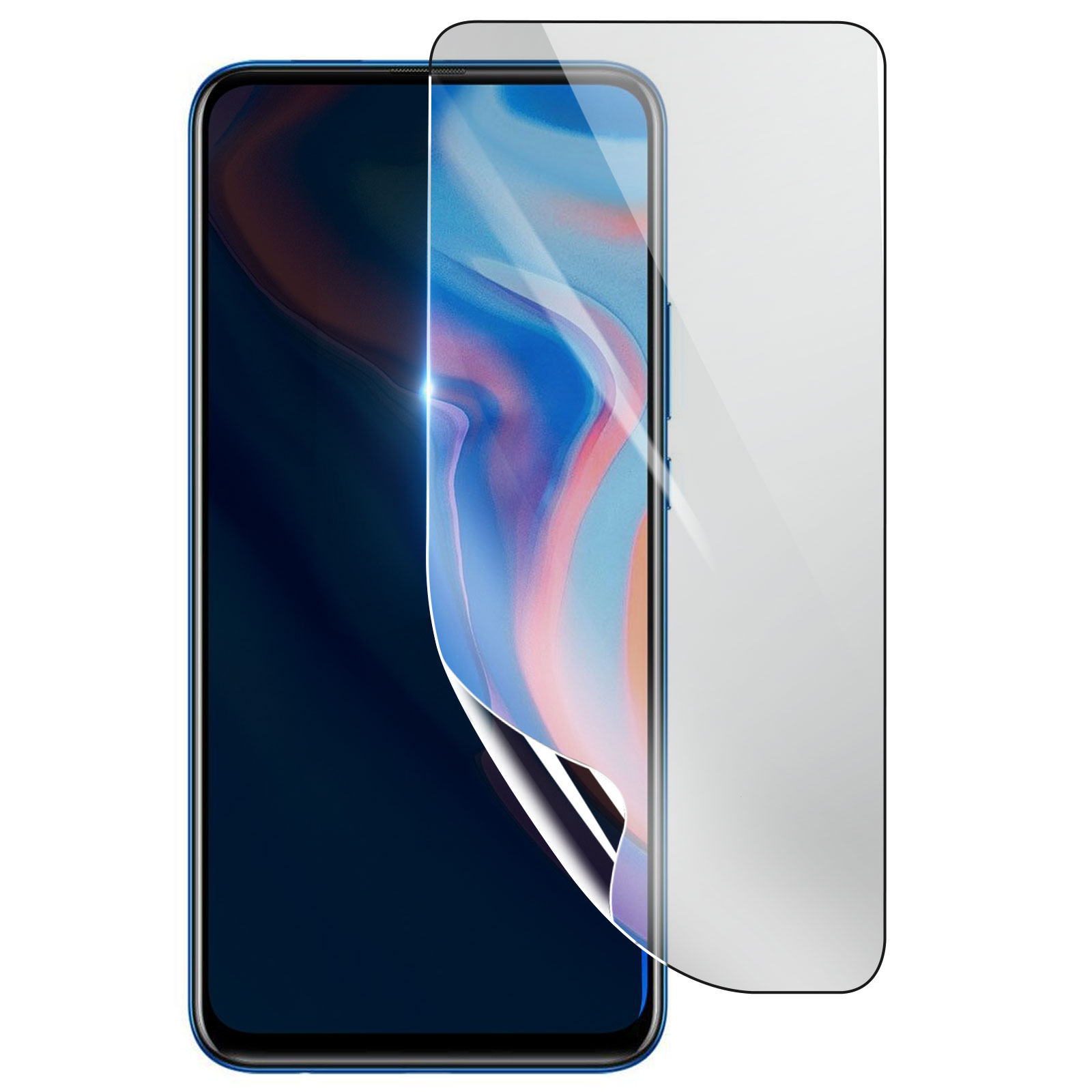 Schermo di smartphone con pellicola protettiva. Il telefono è blu, la pellicola trasparente, sfondo bianco.