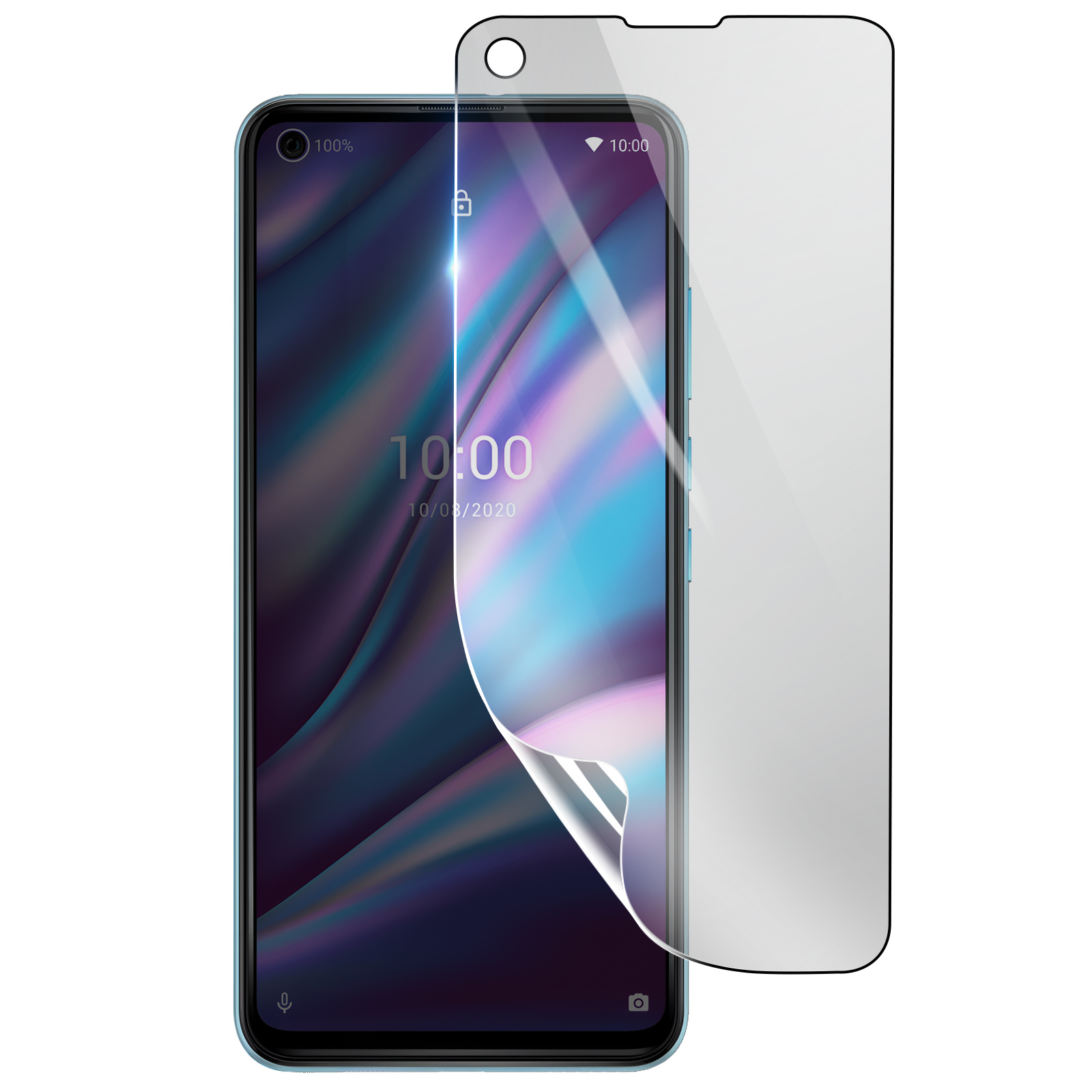 Uno smartphone con una protezione per lo schermo applicata. Lo schermo mostra ora e data.