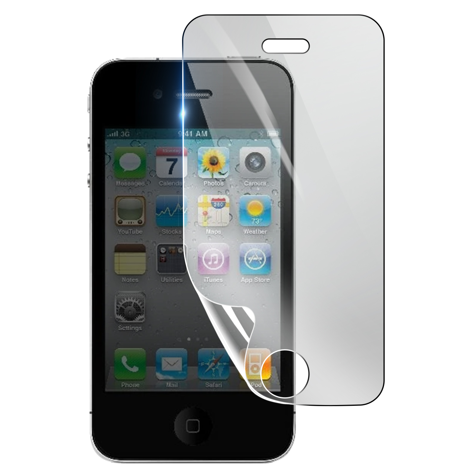 Un iPhone con una protezione per lo schermo applicata. Il telefono mostra le icone delle app. Una protezione trasparente è parzialmente staccata.
