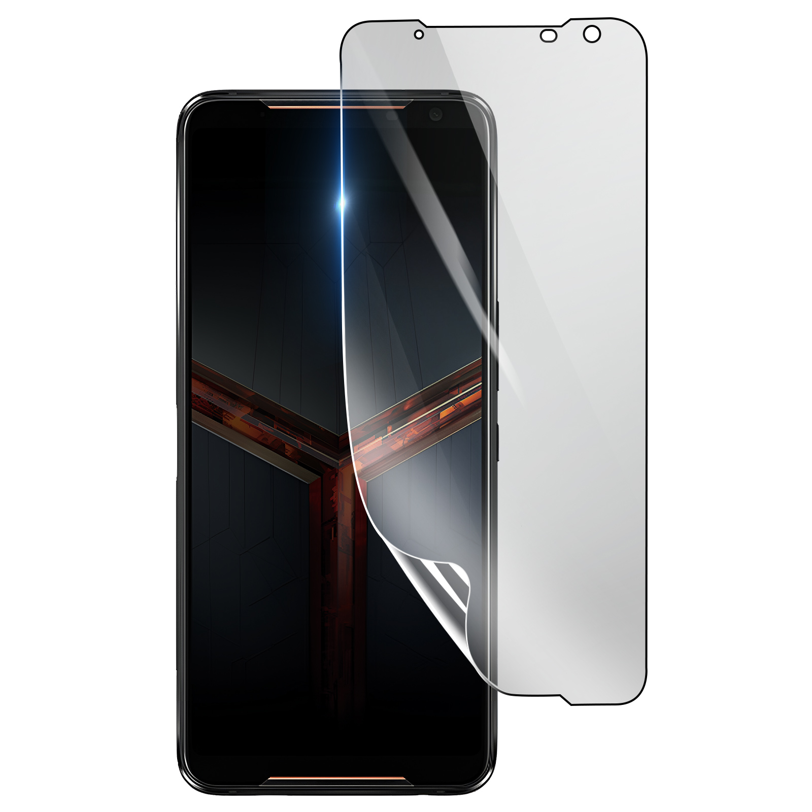Smartphone con protezione schermo. Il telefono è nero con dettagli arancioni. La protezione è trasparente, leggermente sollevata.