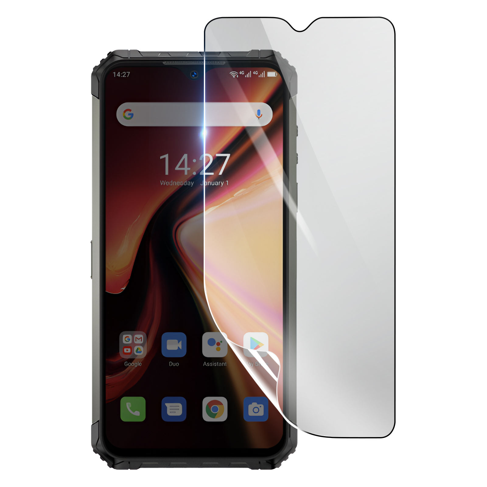 Uno smartphone con protezione schermo. Il telefono mostra l'ora e le icone delle app. La protezione è parzialmente staccata.