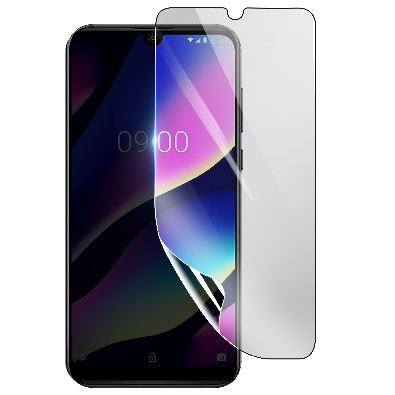 Uno smartphone con una protezione per lo schermo applicata. Lo schermo mostra l'ora 09:00. La protezione è parzialmente rimossa.