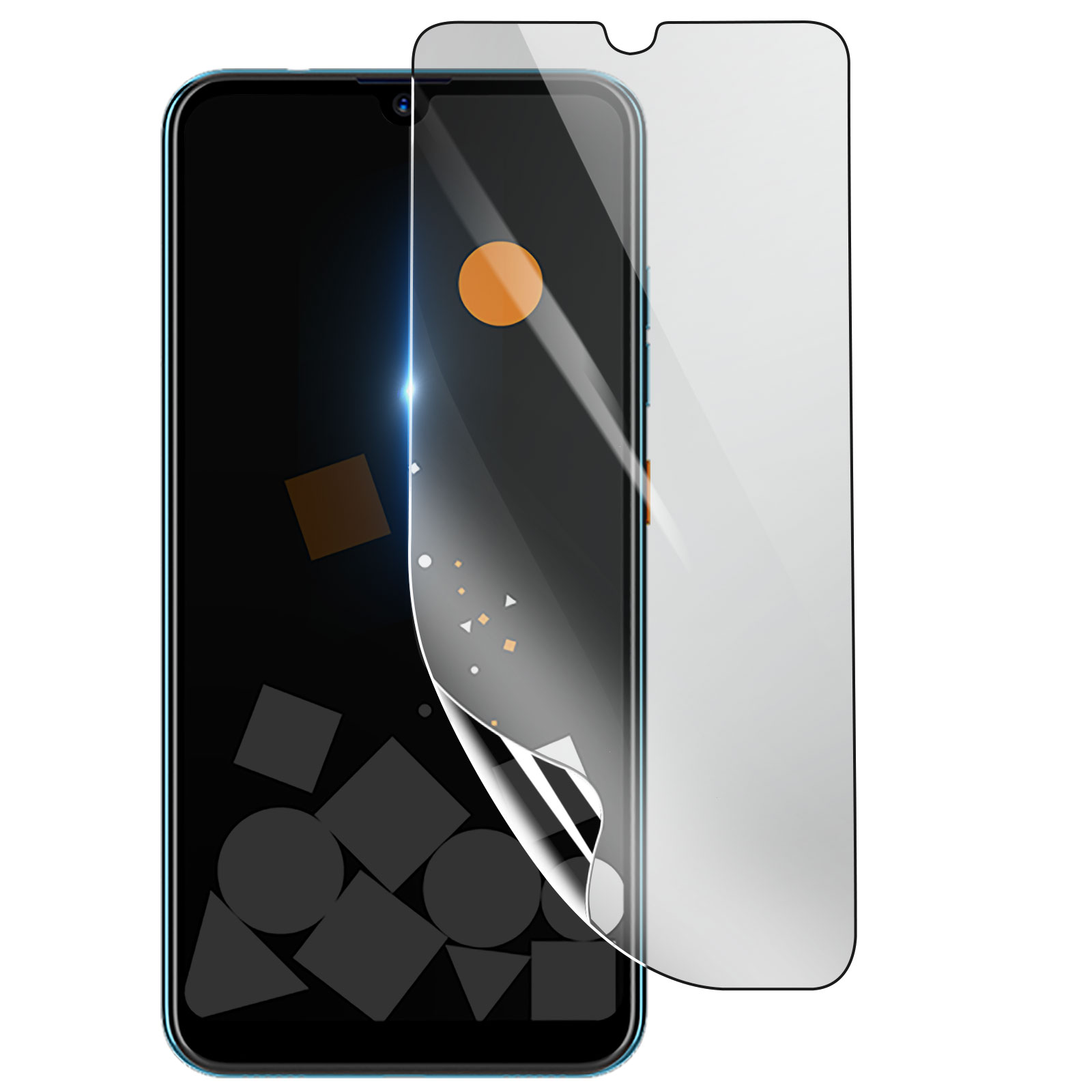 Uno smartphone con una protezione per lo schermo applicata. Forme e un cerchio arancione appaiono sullo schermo. La protezione si sta staccando.