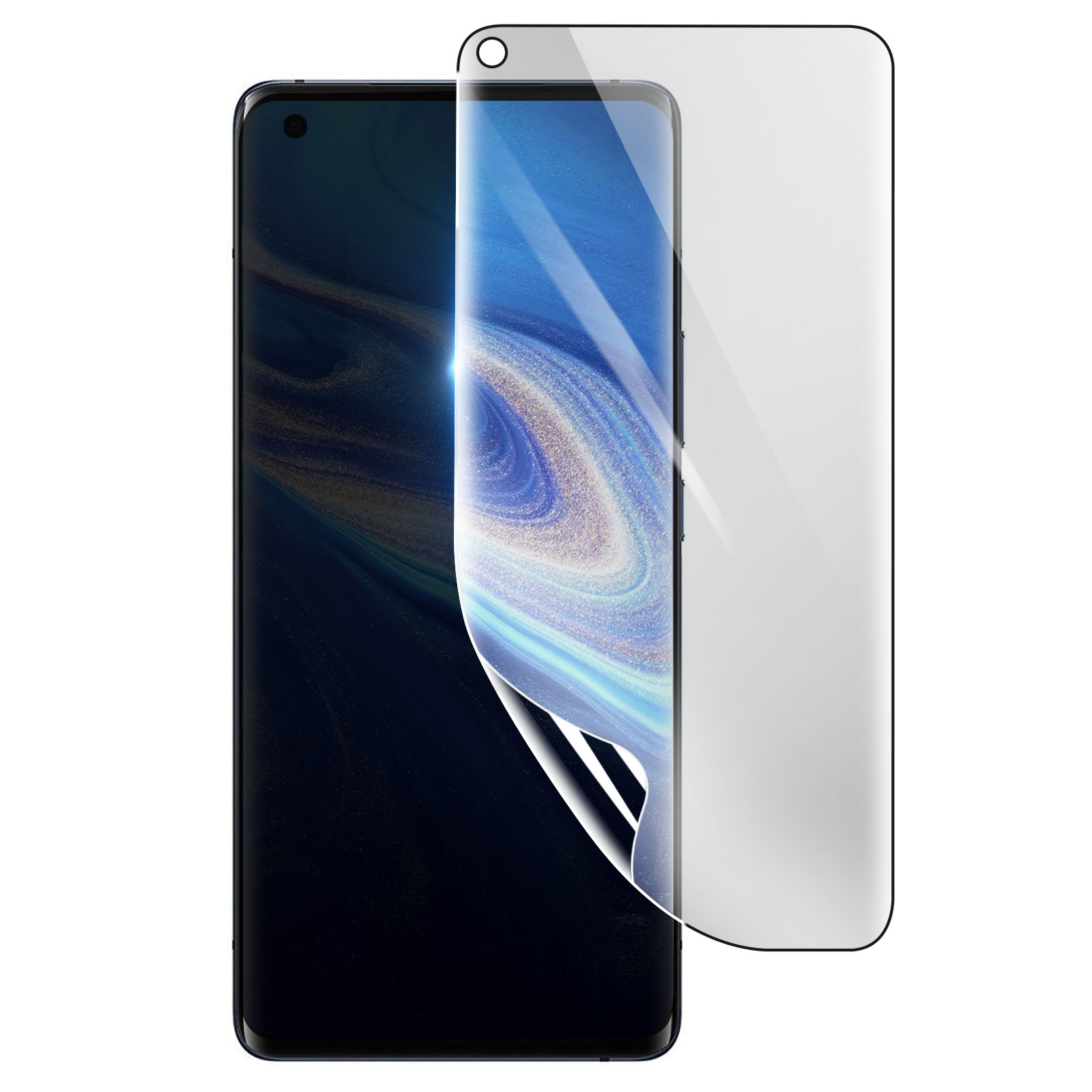 Uno smartphone con una protezione per lo schermo in fase di applicazione. Lo schermo mostra un motivo astratto blu e bianco.