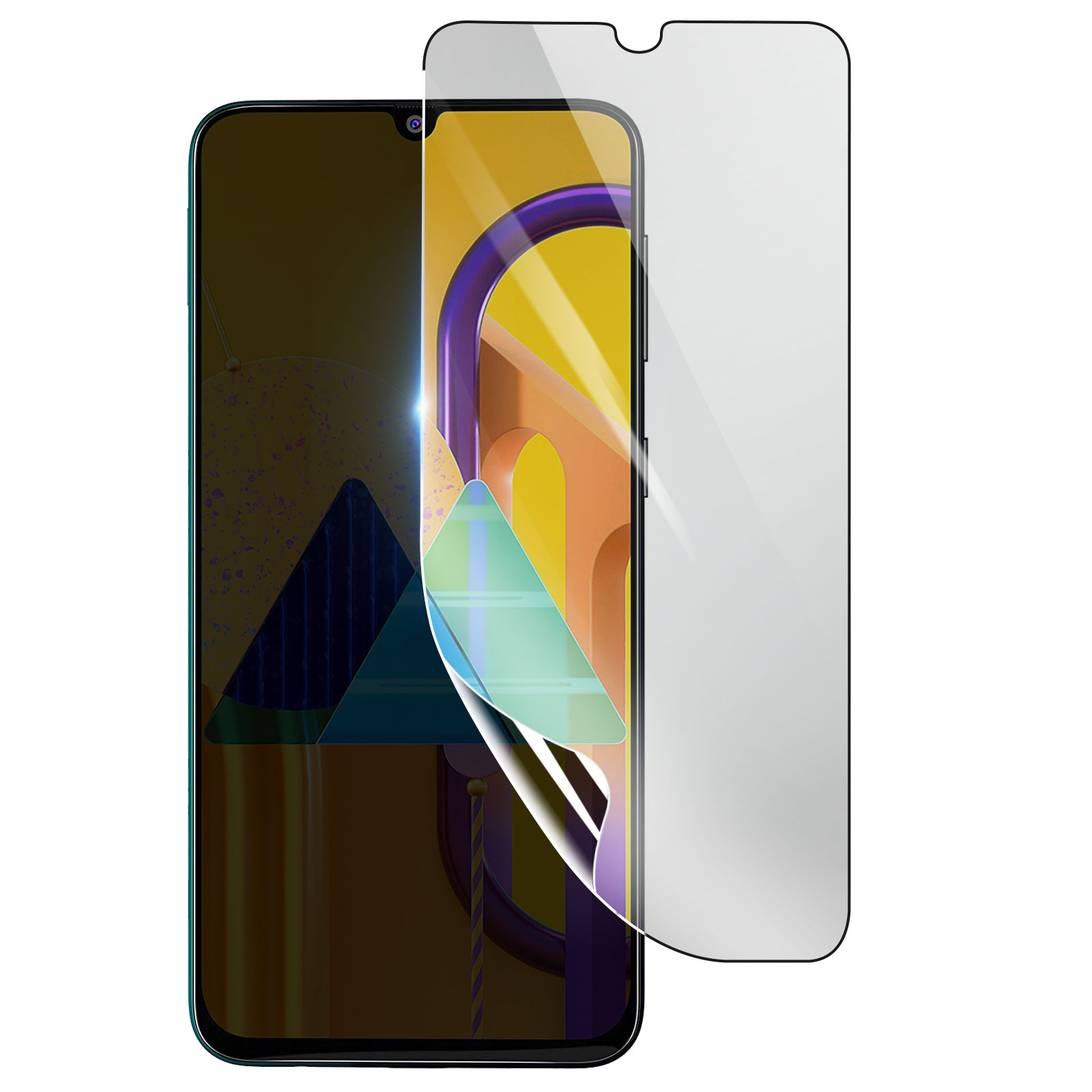 Uno smartphone con una protezione per lo schermo applicata. Il telefono è nero e la protezione è trasparente.