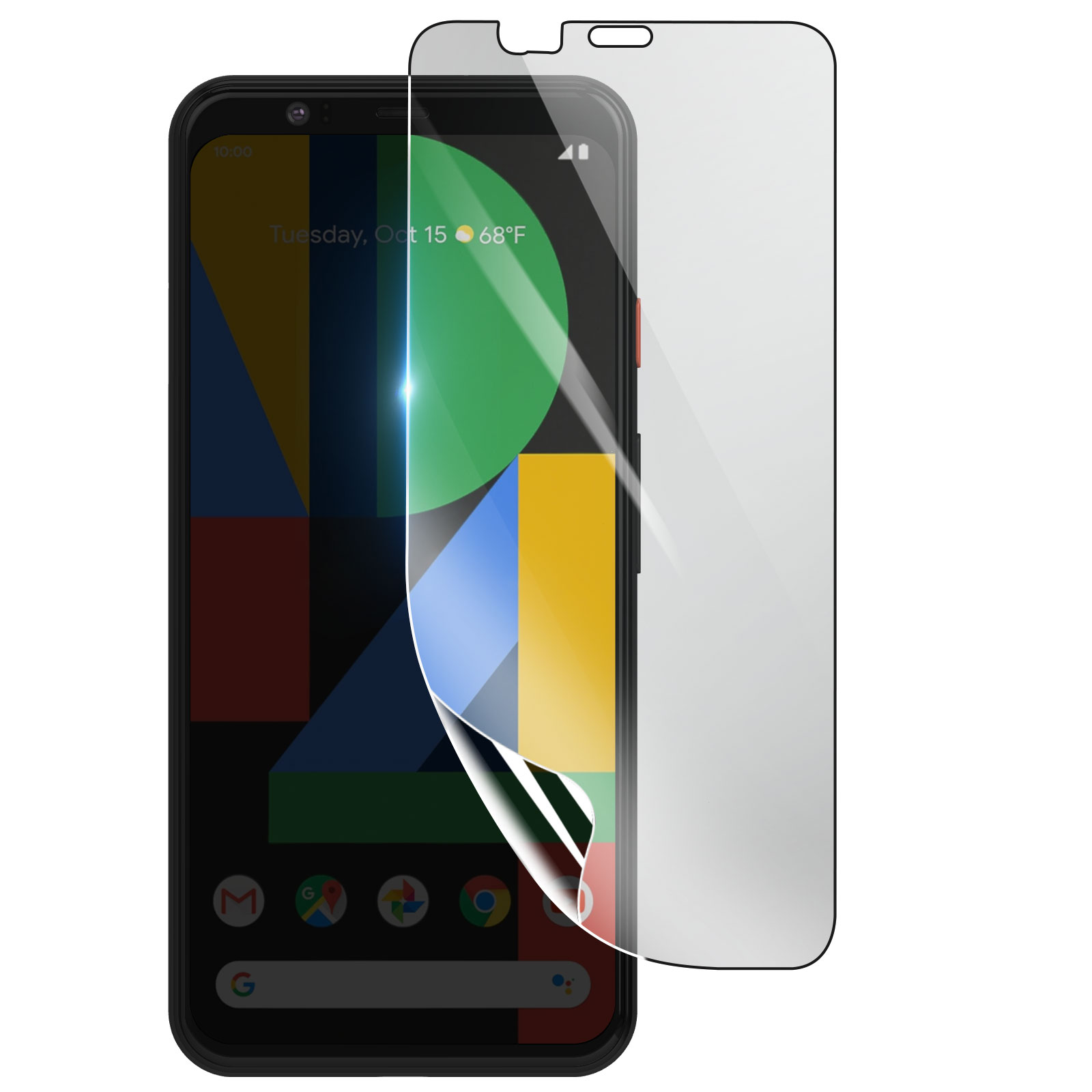 Uno smartphone nero con una protezione per lo schermo applicata. Lo schermo mostra forme geometriche colorate.