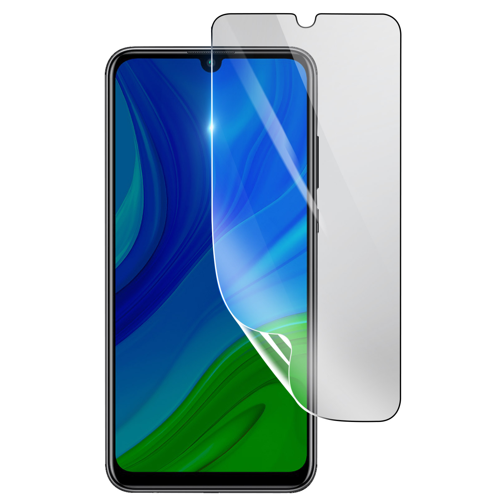 Uno smartphone con una protezione per lo schermo in applicazione. Lo schermo mostra sfumature blu e verdi.