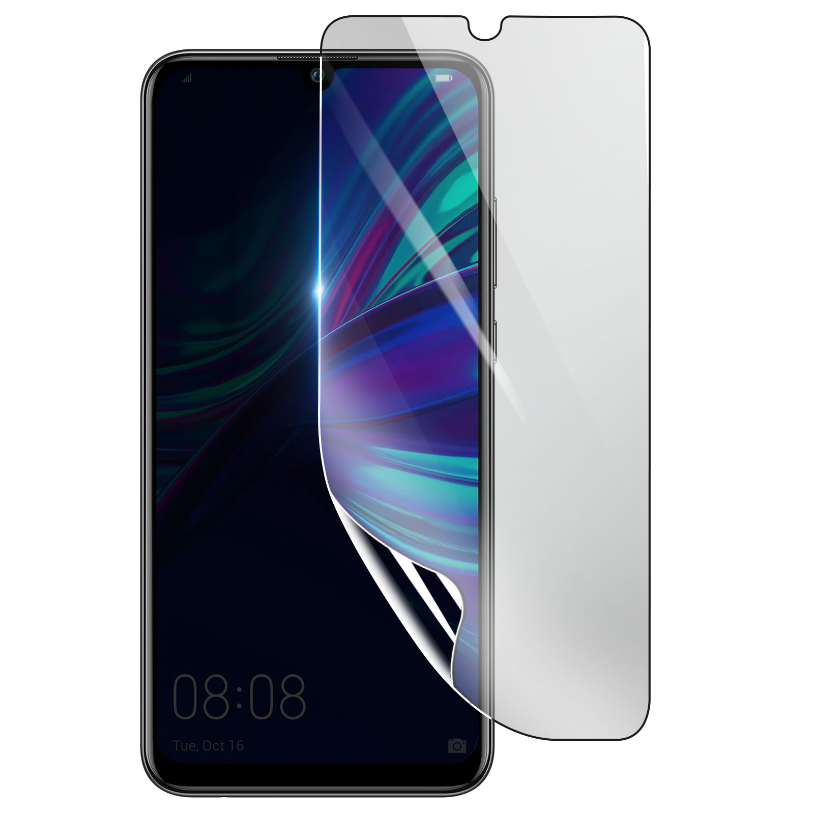Uno smartphone con una protezione per lo schermo in fase di applicazione. Il telefono mostra uno sfondo astratto colorato. Accanto c'è una protezione trasparente.