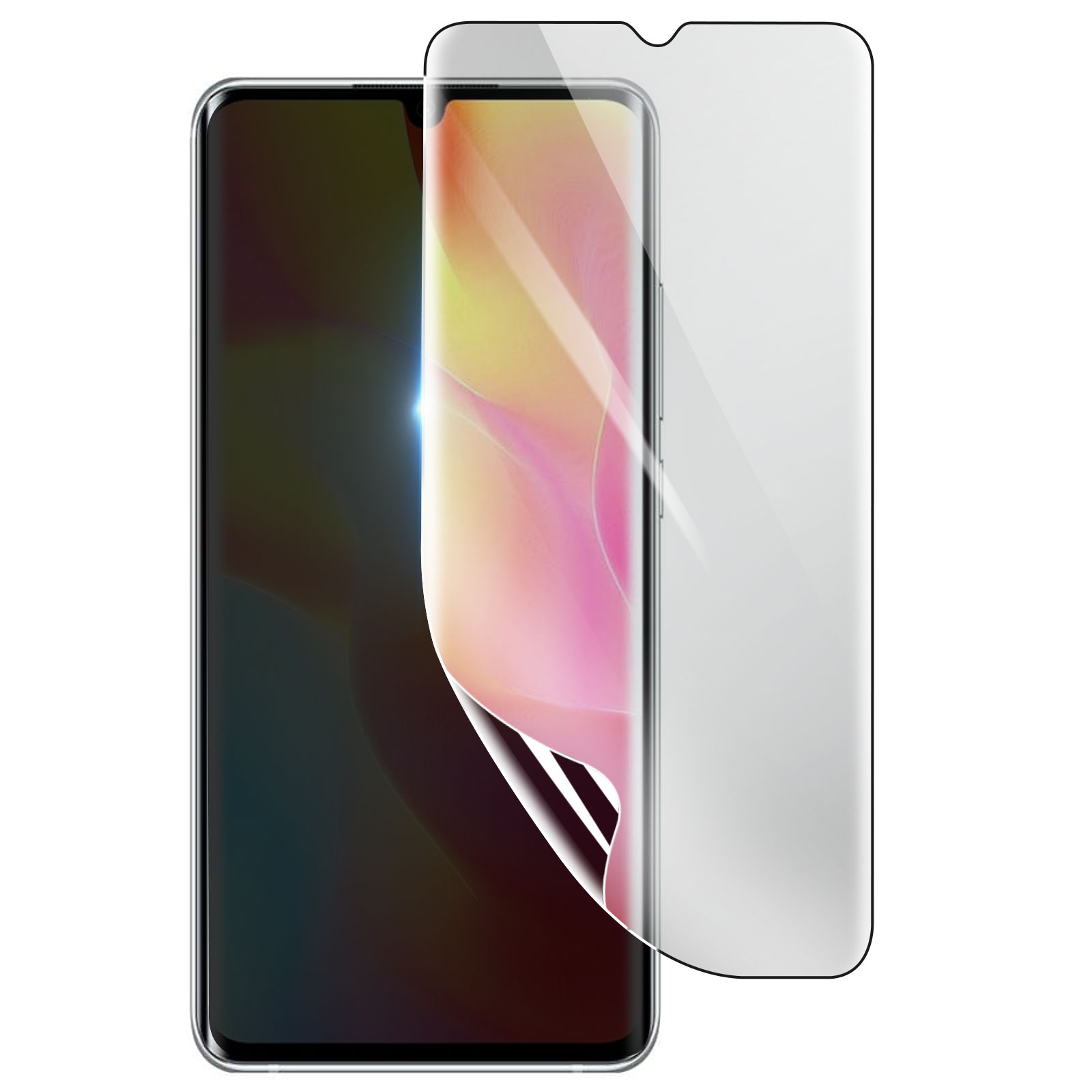 Uno smartphone con una protezione per lo schermo applicata. La protezione è trasparente e leggermente staccata dal telefono. Sfondo bianco.