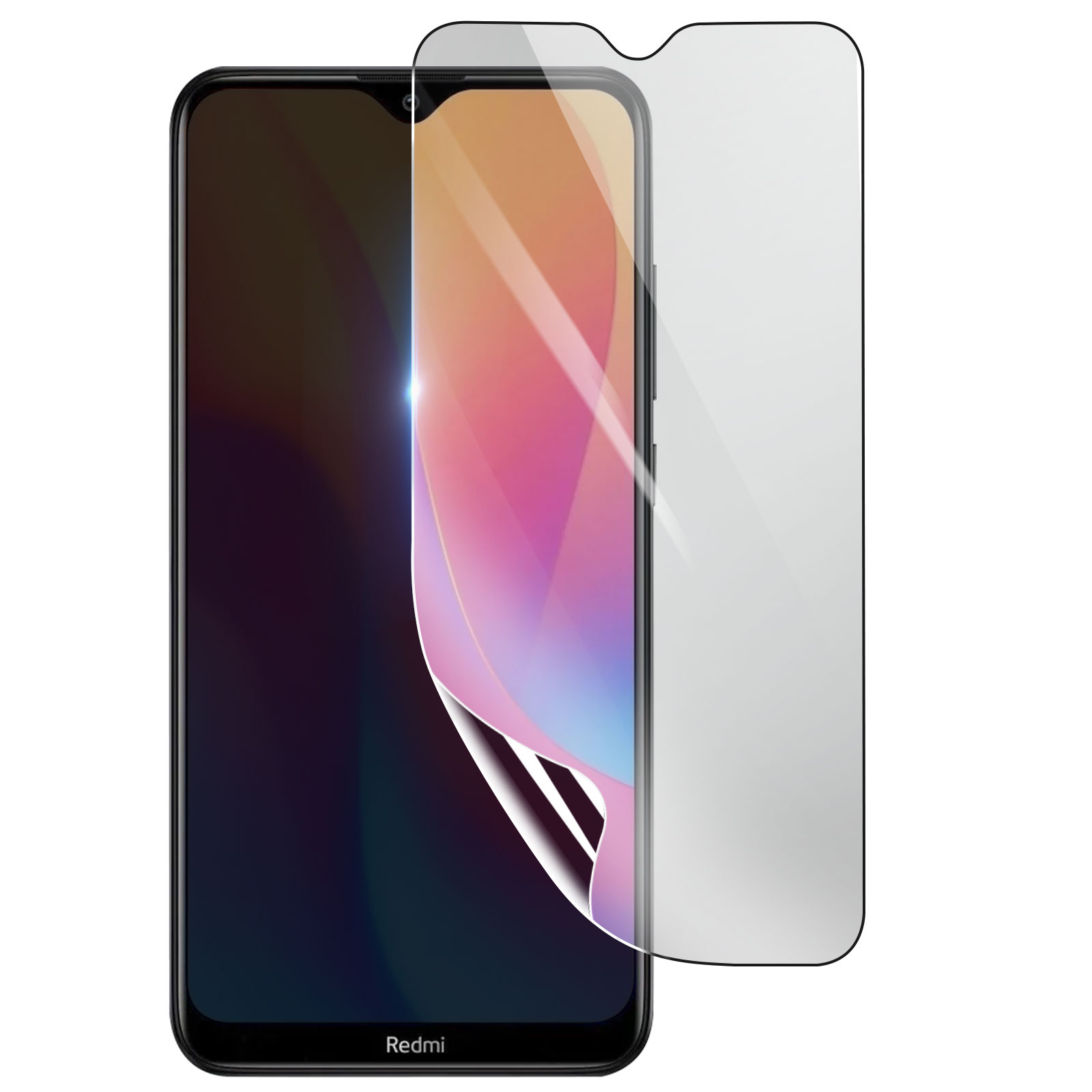 Uno smartphone con una protezione per lo schermo applicata. Il telefono è nero con schermo colorato. La protezione è trasparente.